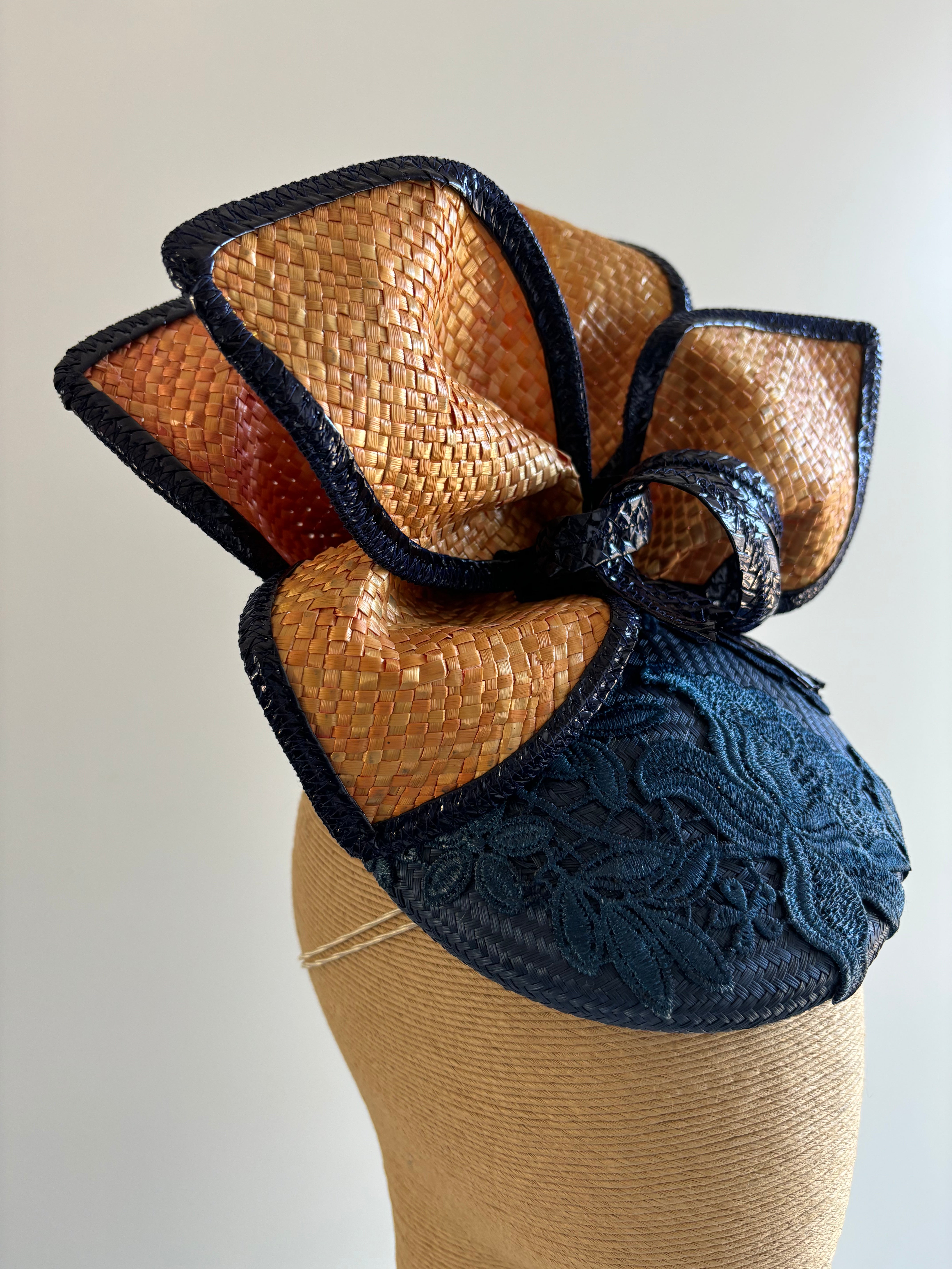 Navy & Pumpkin Lace Button Fascinator