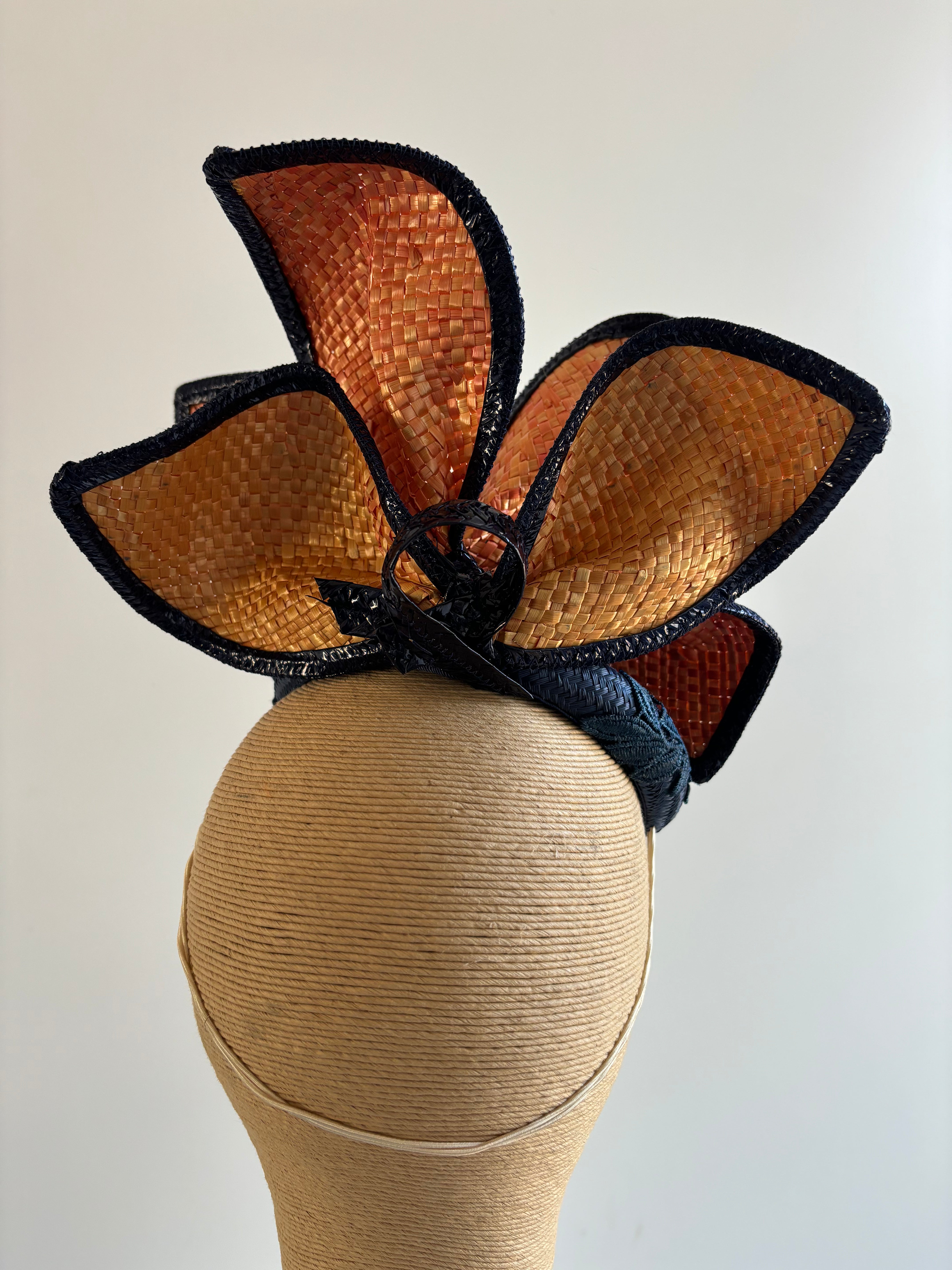 Navy & Pumpkin Lace Button Fascinator