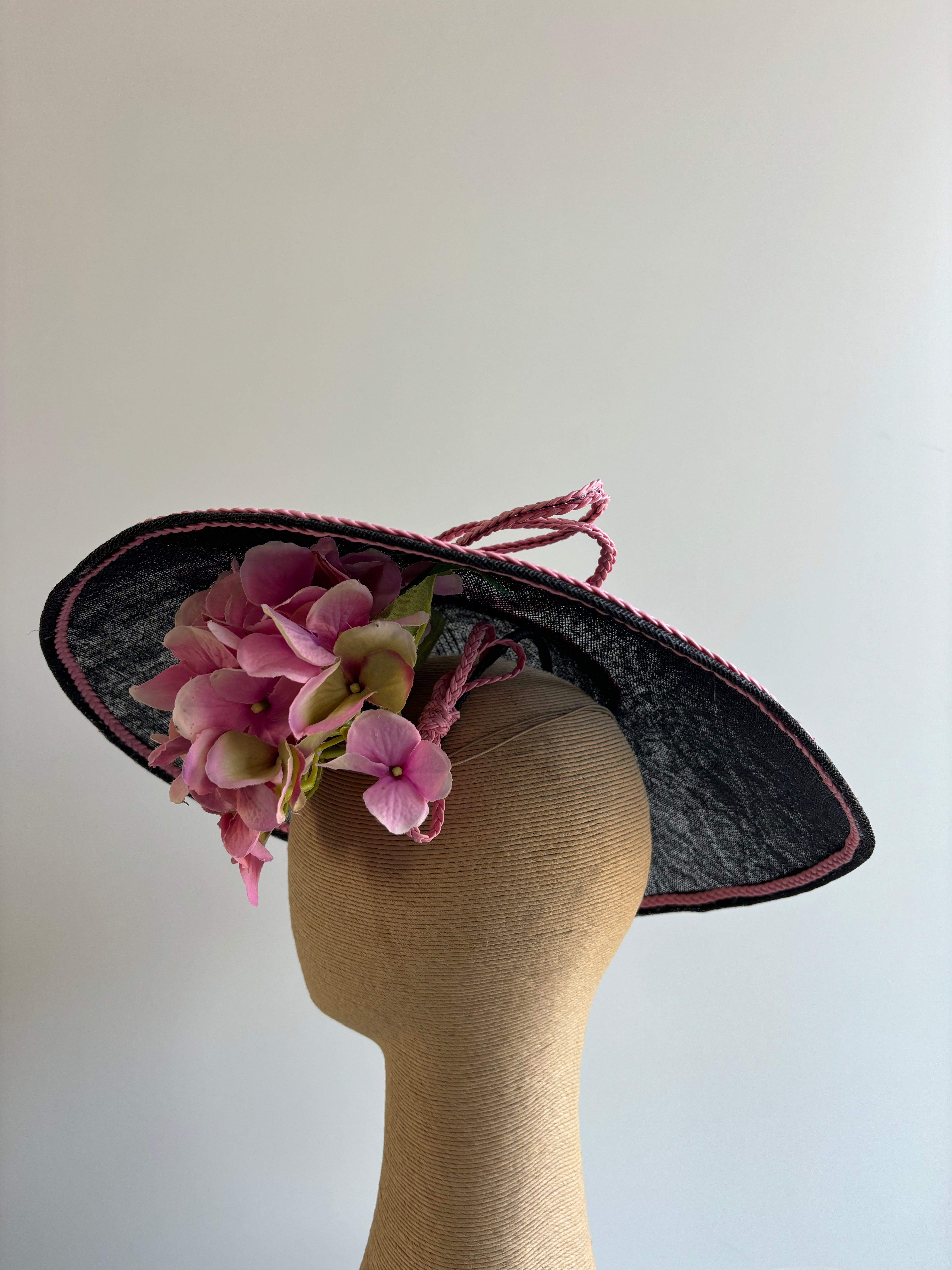 Black & Pink Saucer Hat with Floral Trim