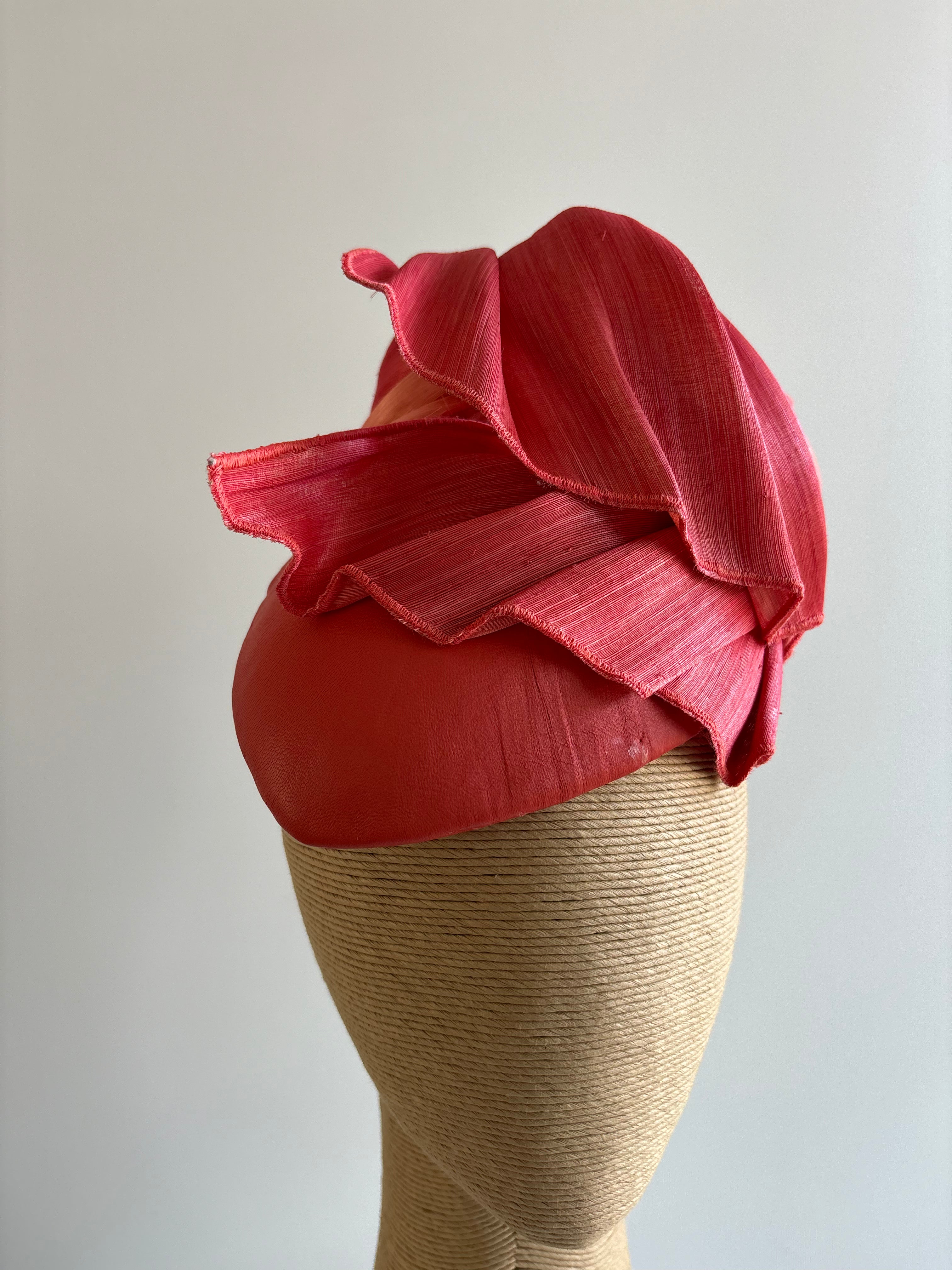 Coral Leather Fascinator with Silk Abaca Trim