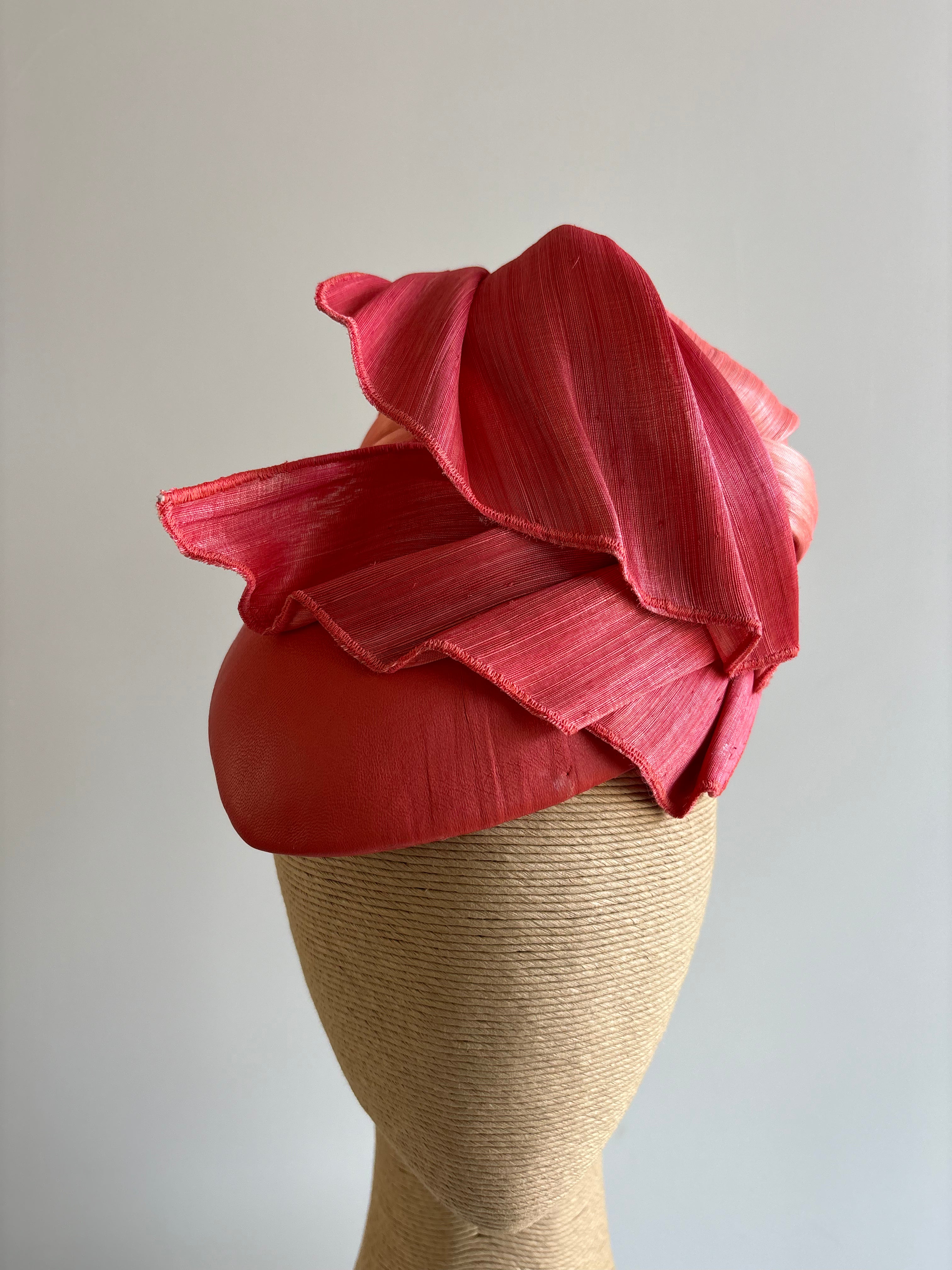 Coral Leather Fascinator with Silk Abaca Trim