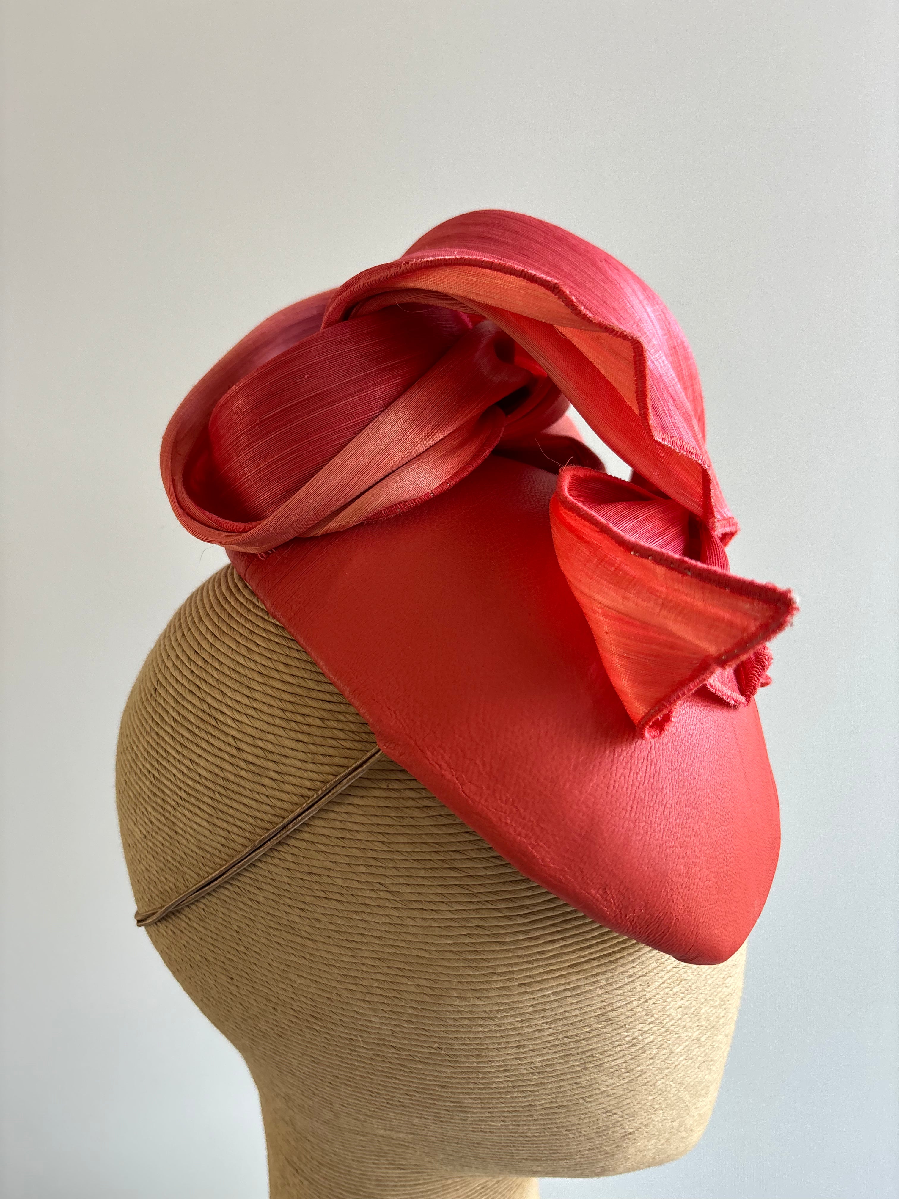 Coral Leather Fascinator with Silk Abaca Trim
