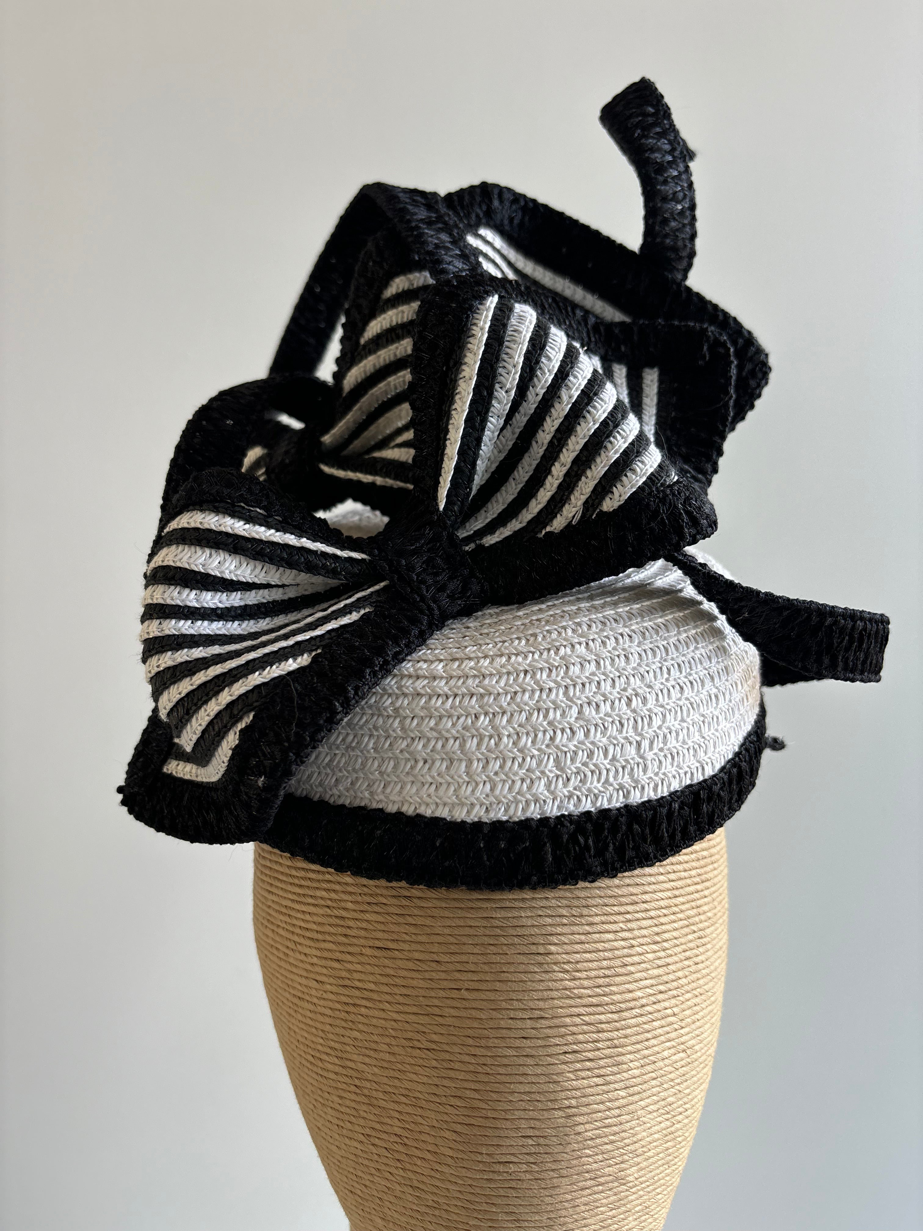 White & Black Straw Braid Fascinator with Striped Bows