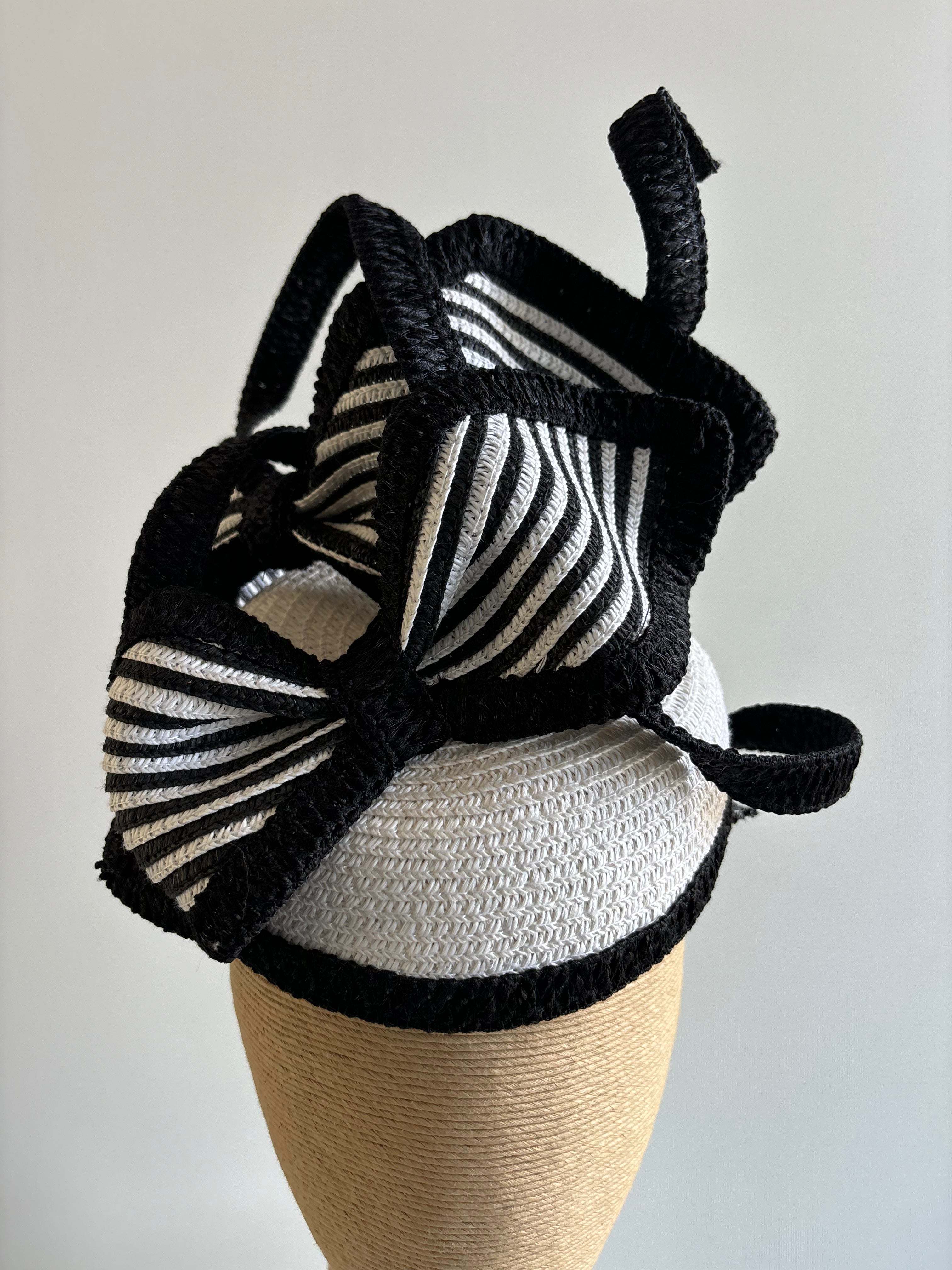 White & Black Straw Braid Fascinator with Striped Bows