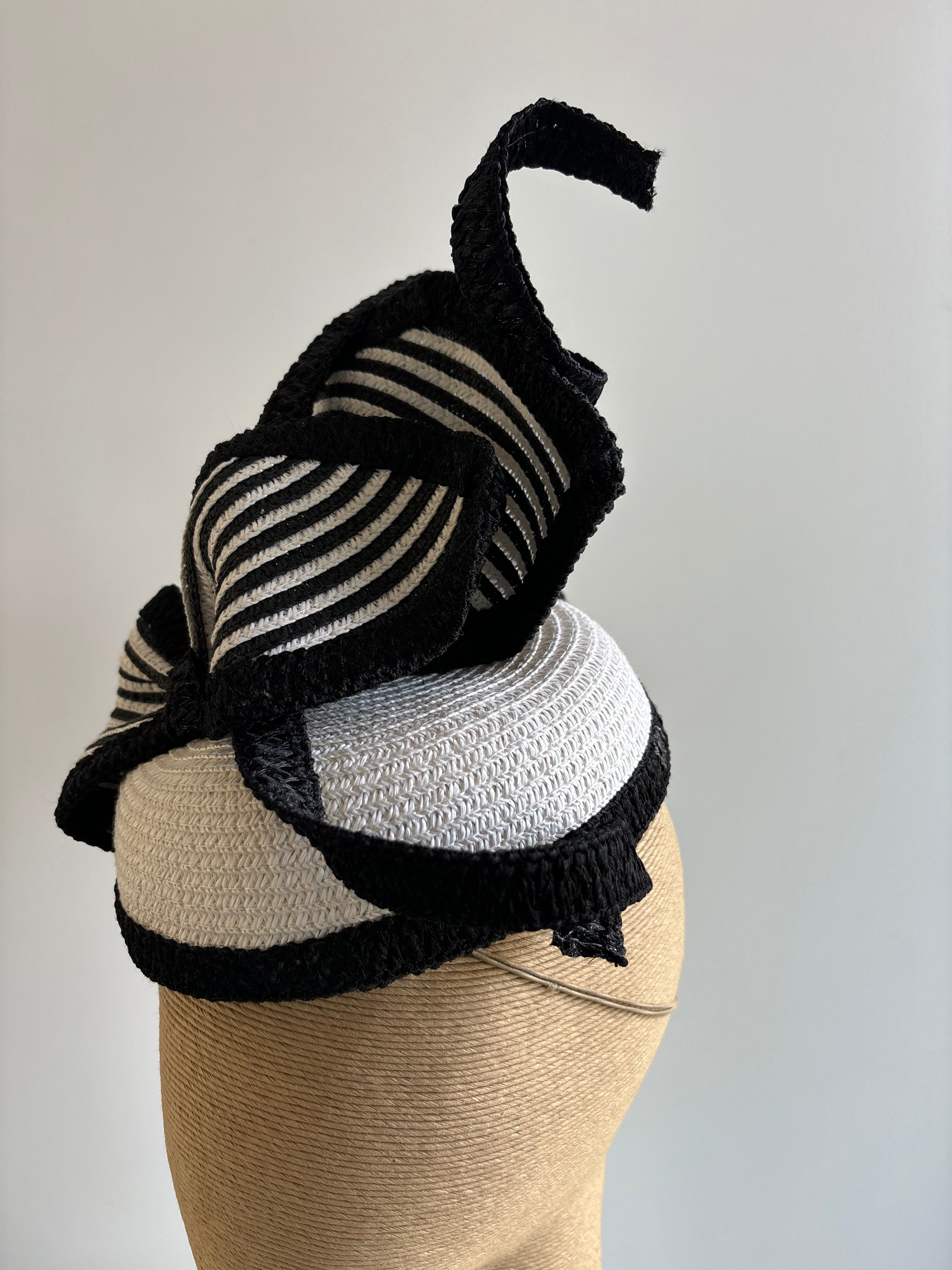White & Black Straw Braid Fascinator with Striped Bows