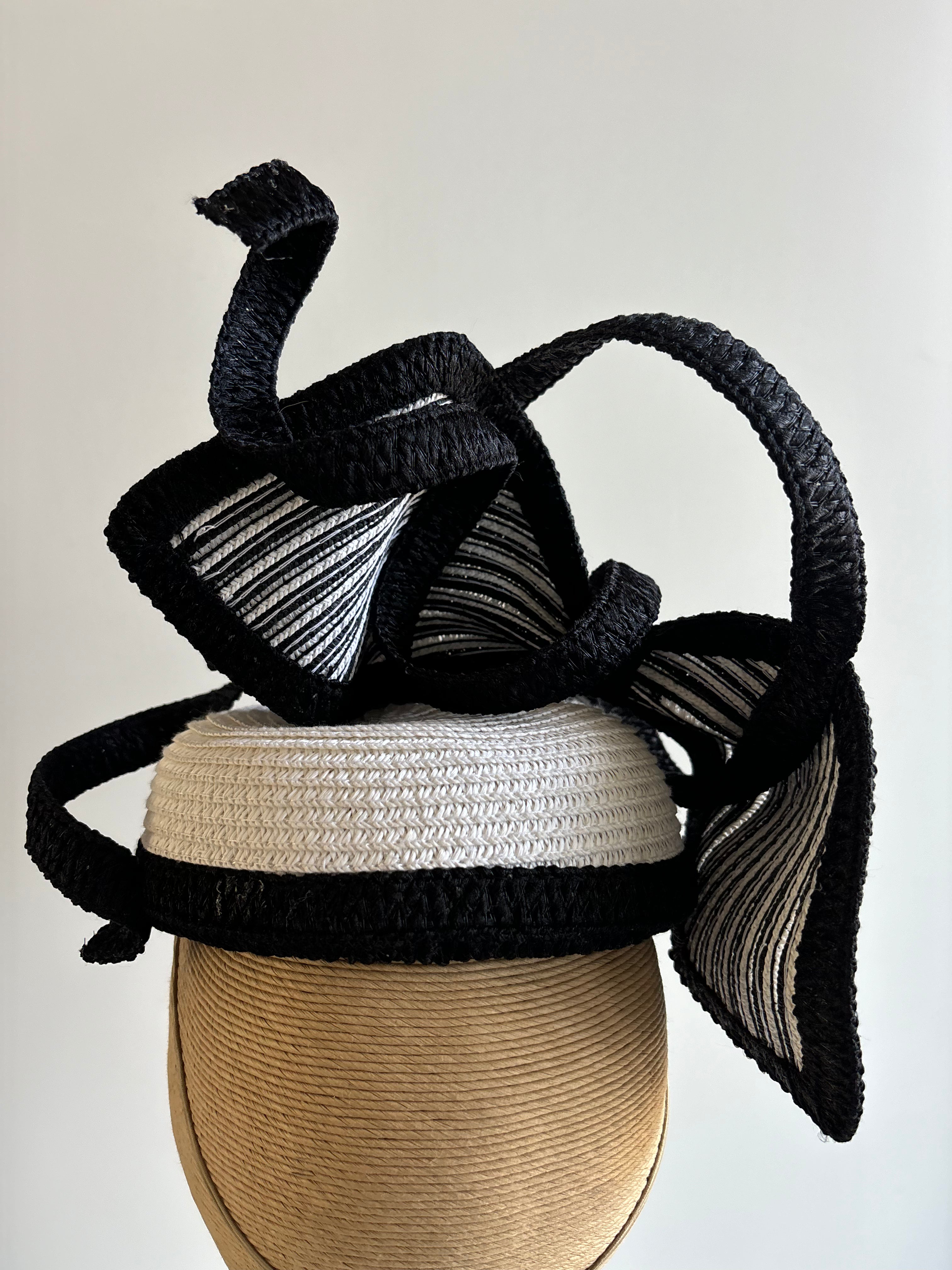 White & Black Straw Braid Fascinator with Striped Bows
