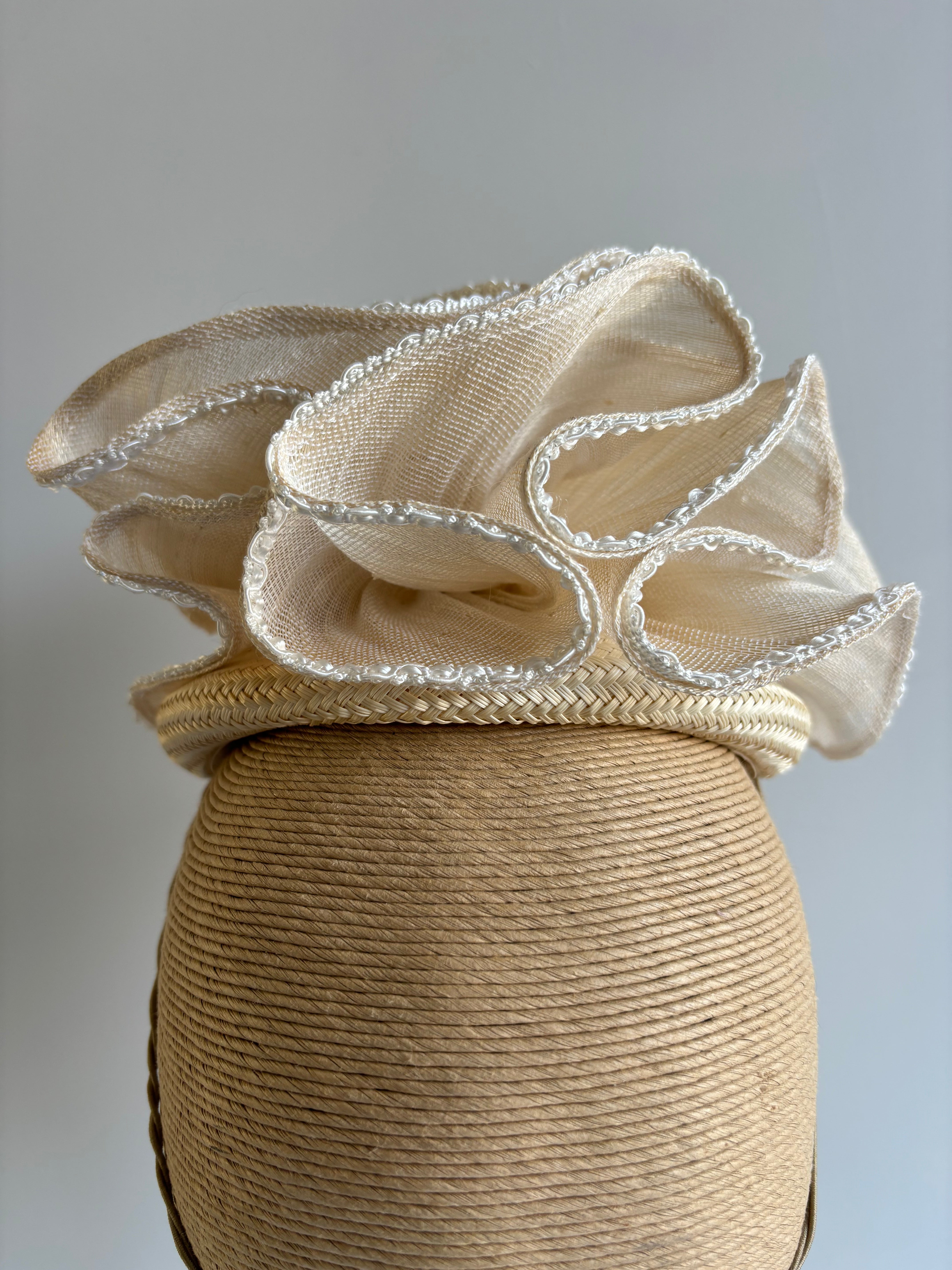 Ivory Straw Button Fascinator with Wired Pearls
