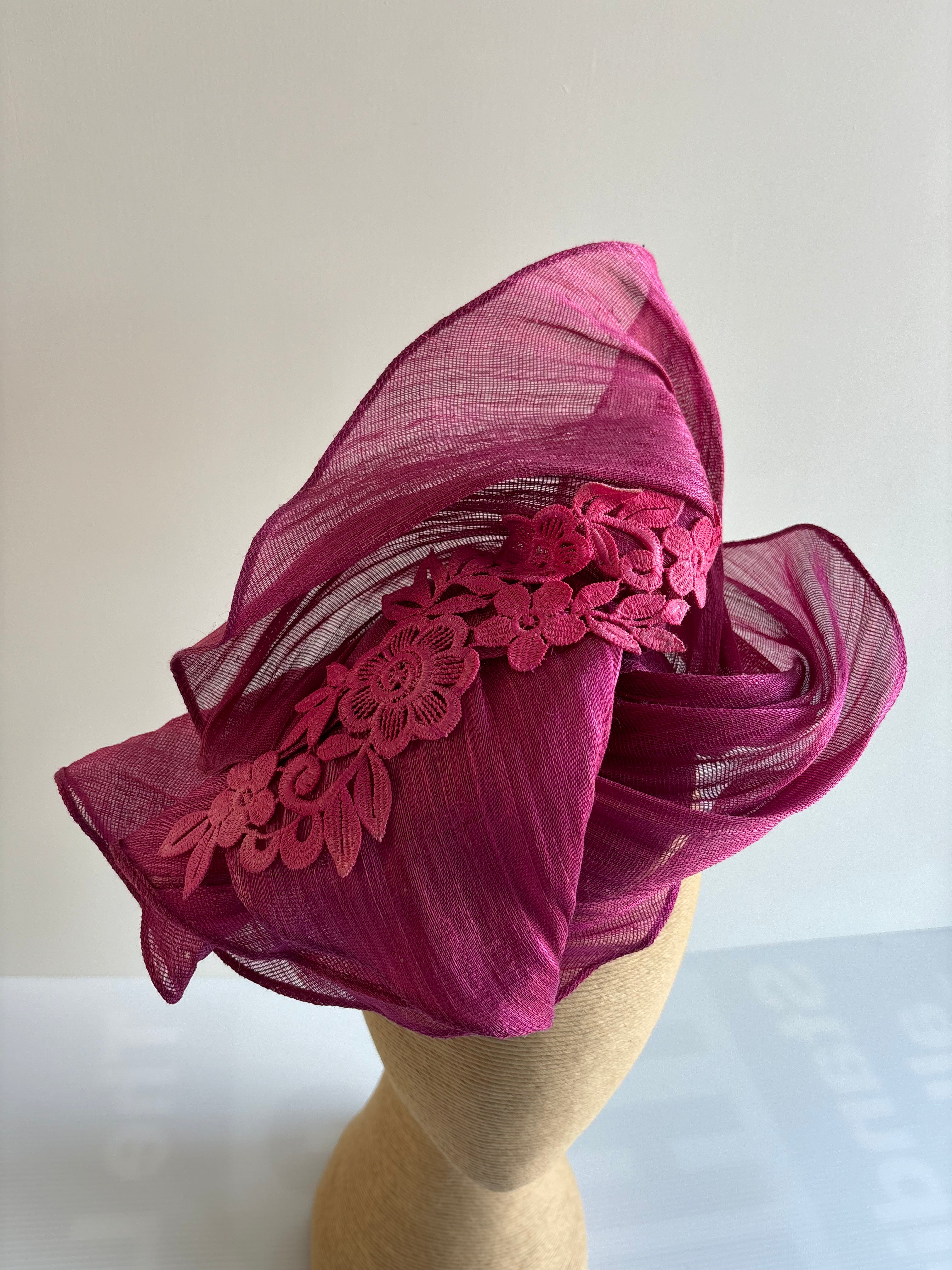 Magenta Pink Silk Abaca Fascinator with Lace Detail