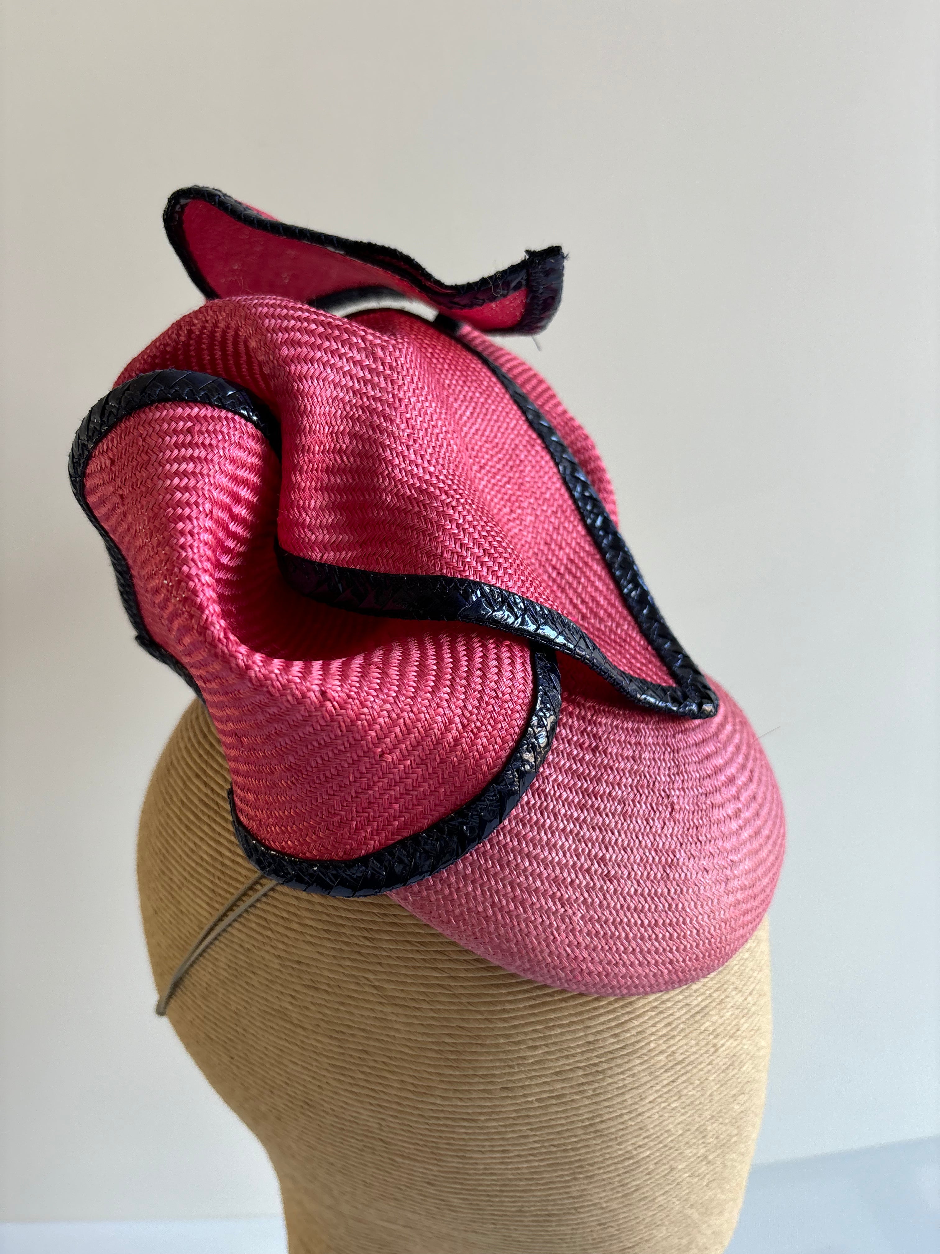 Rose Pink Straw Fascinator with Navy Braid Trim