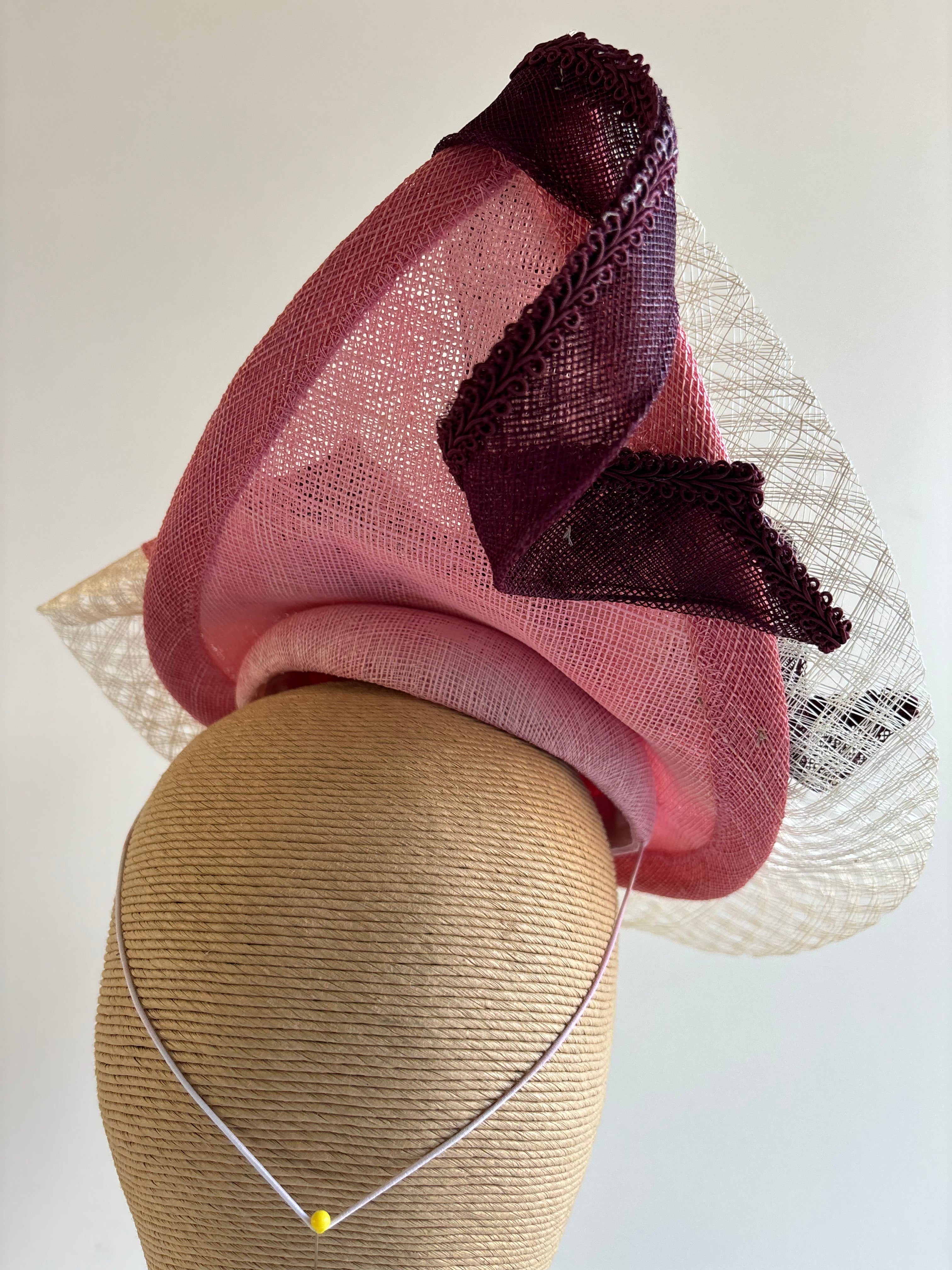 Maroon, Pink & Ivory Sinamay Fascinator