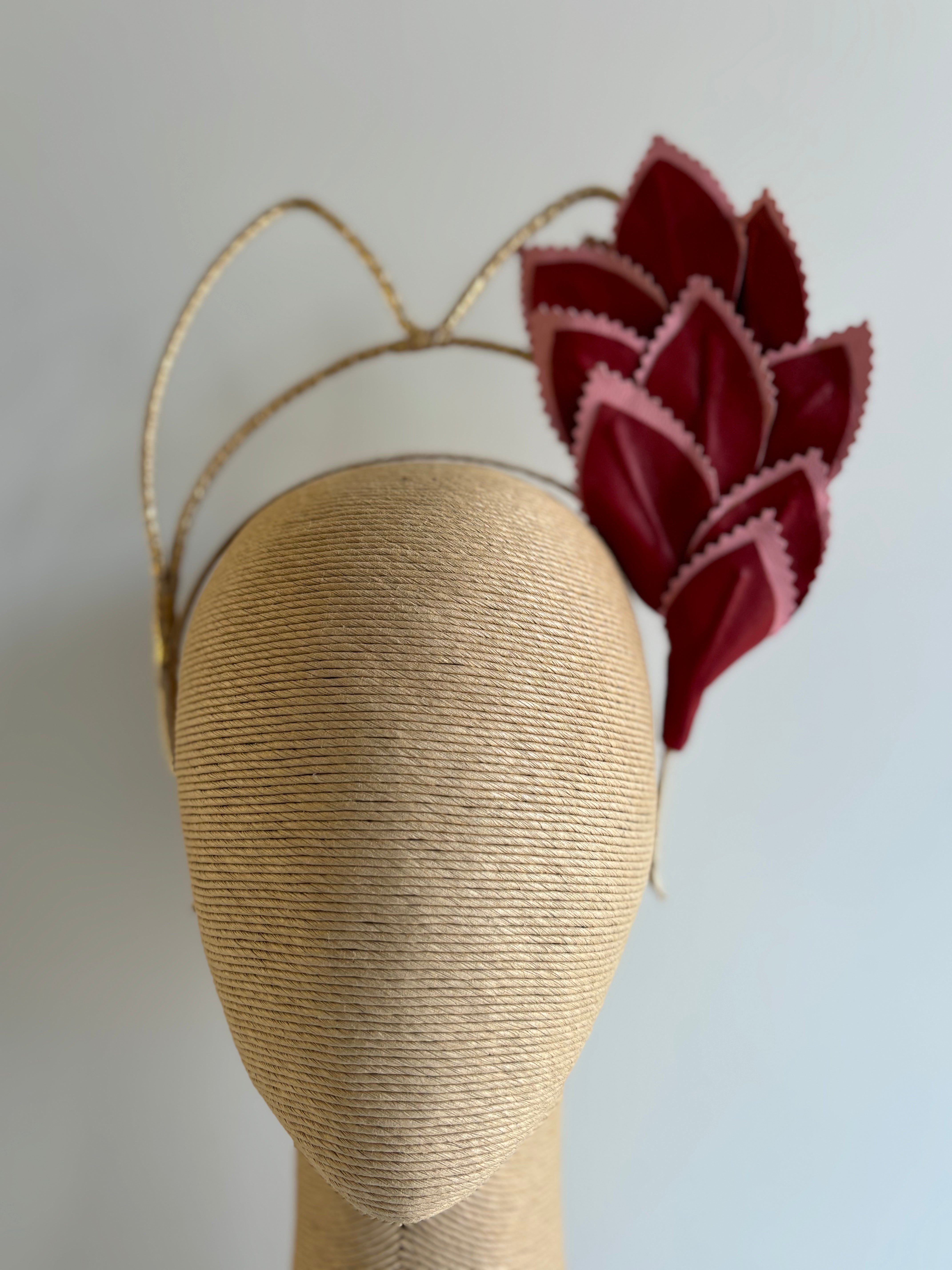 Gold Leather Fascinator with Red & Pink Leaf Trim