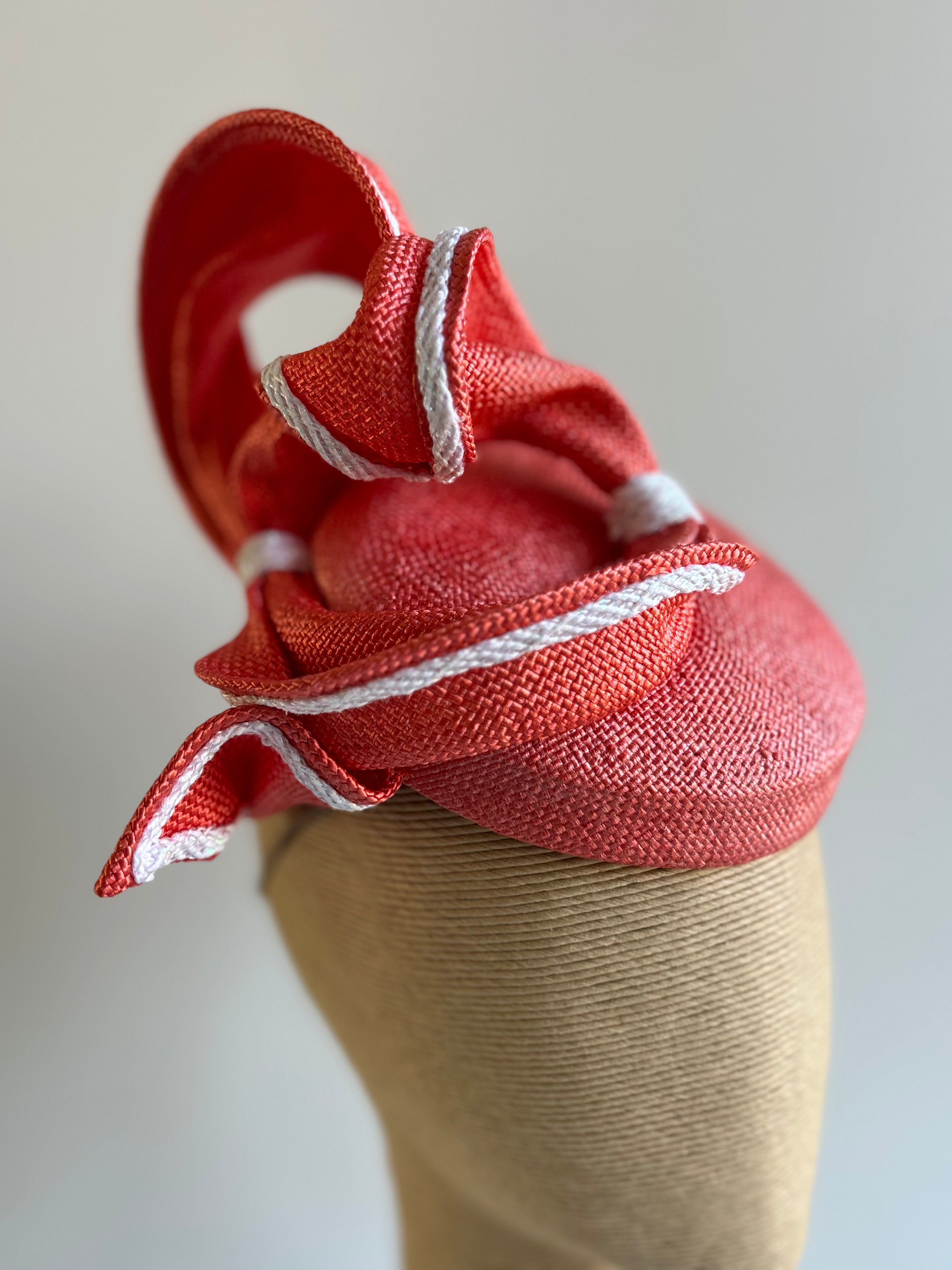 Coral Straw Fascinator with White-Edged Trim