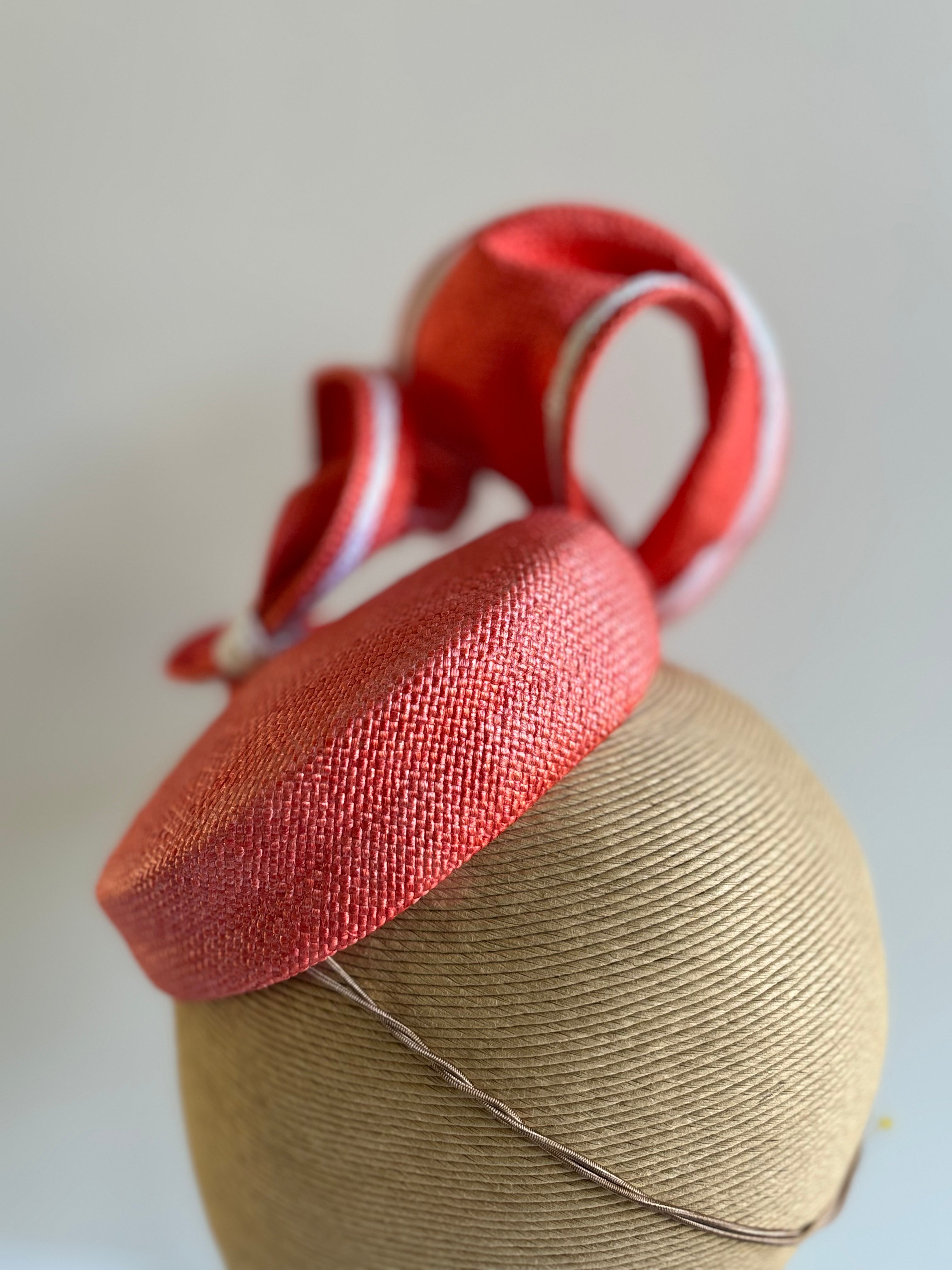 Coral Straw Fascinator with White-Edged Trim