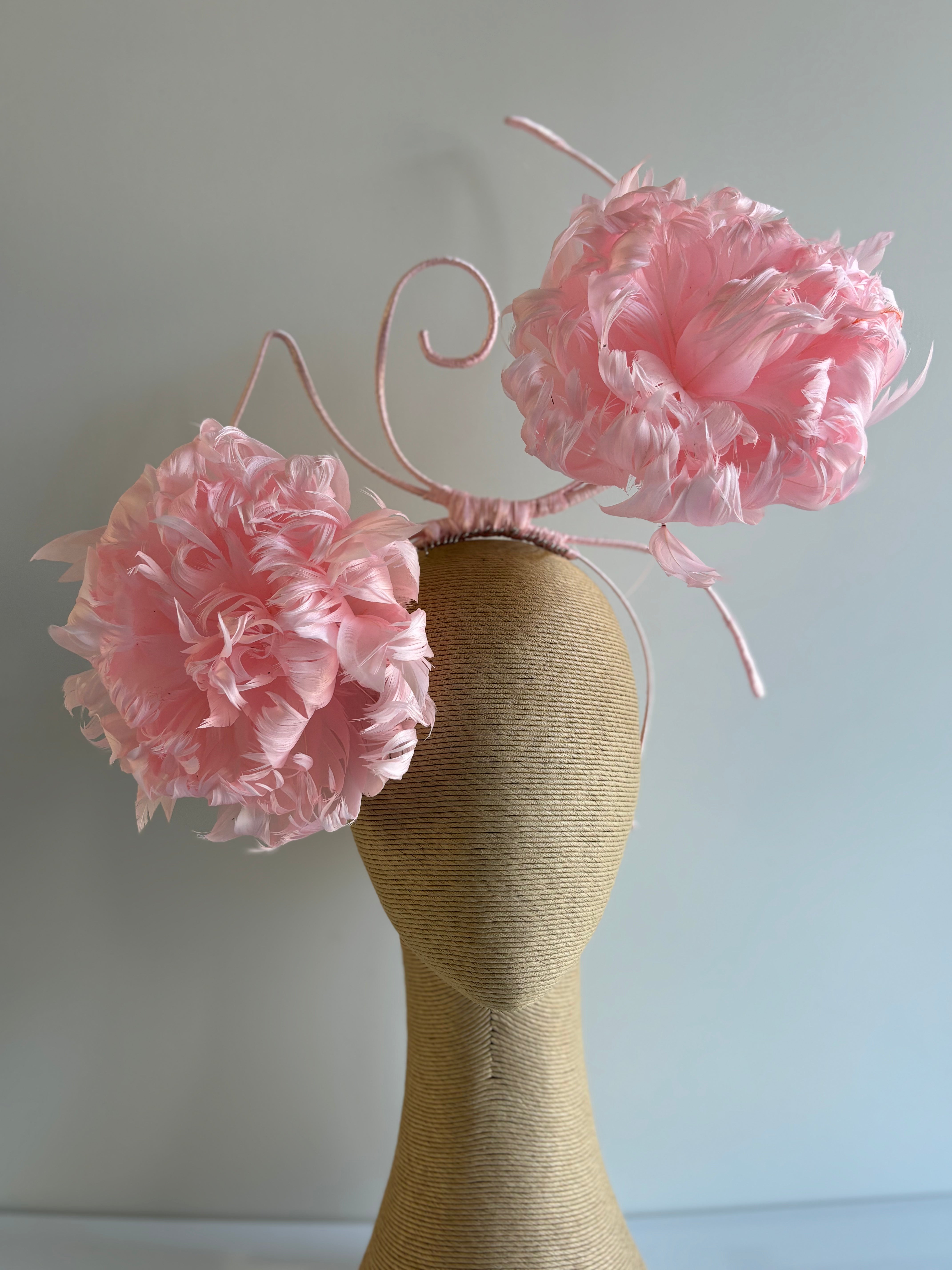 Baby Pink Feather Flower Fascinator on Wired Headband