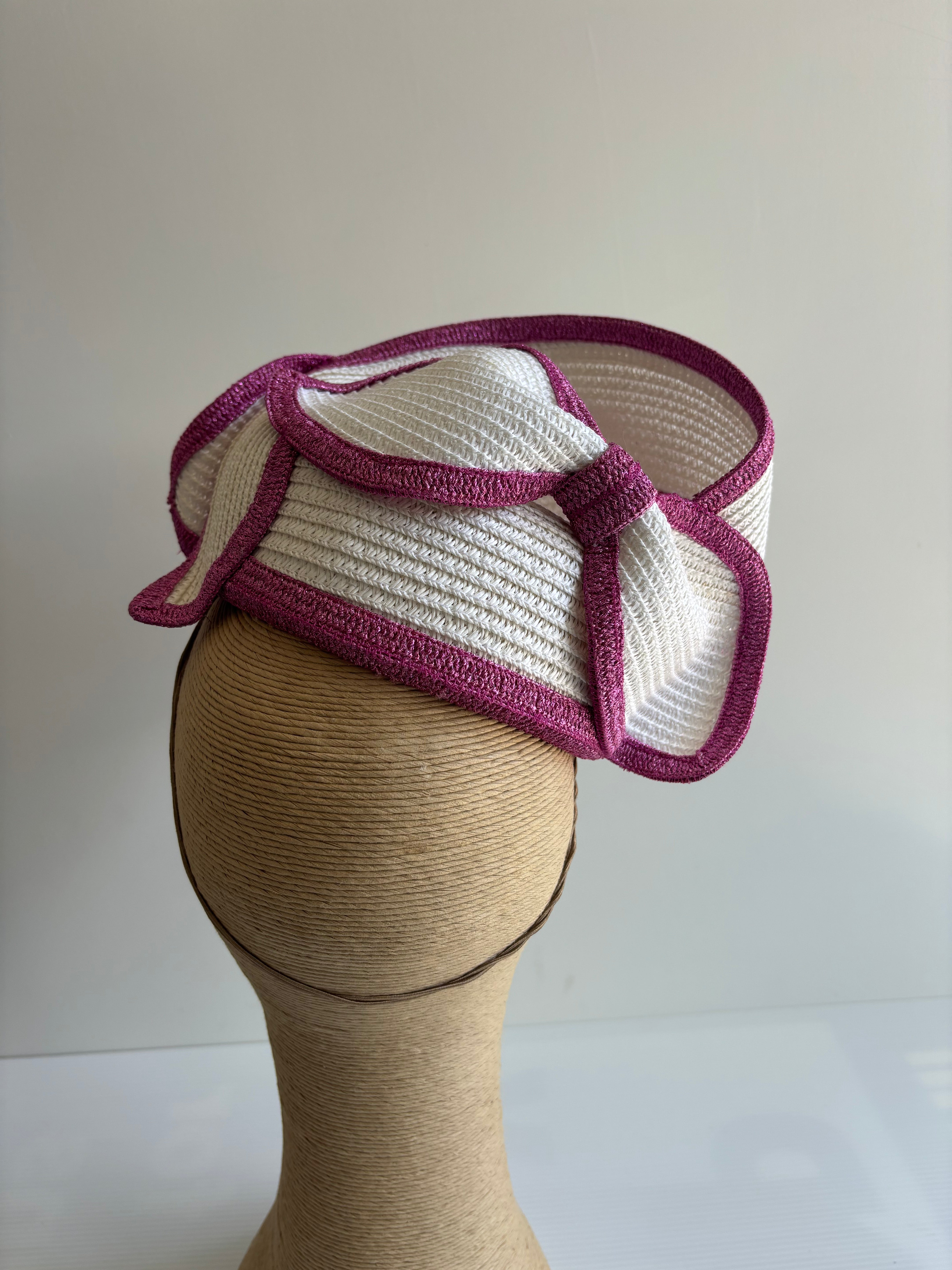 White Straw Pillbox Hat with Pink Edging & Bow Detail