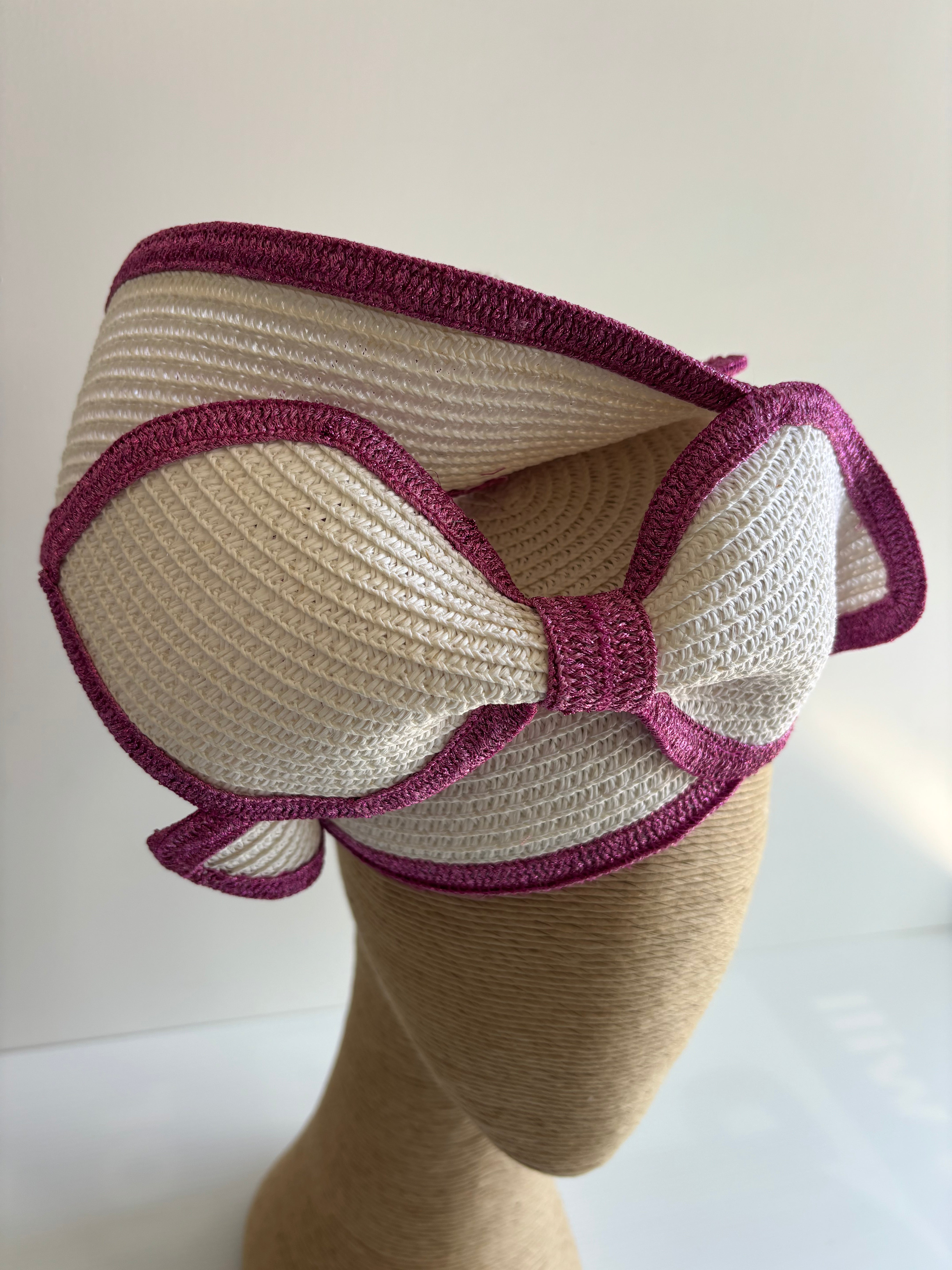 White Straw Pillbox Hat with Pink Edging & Bow Detail