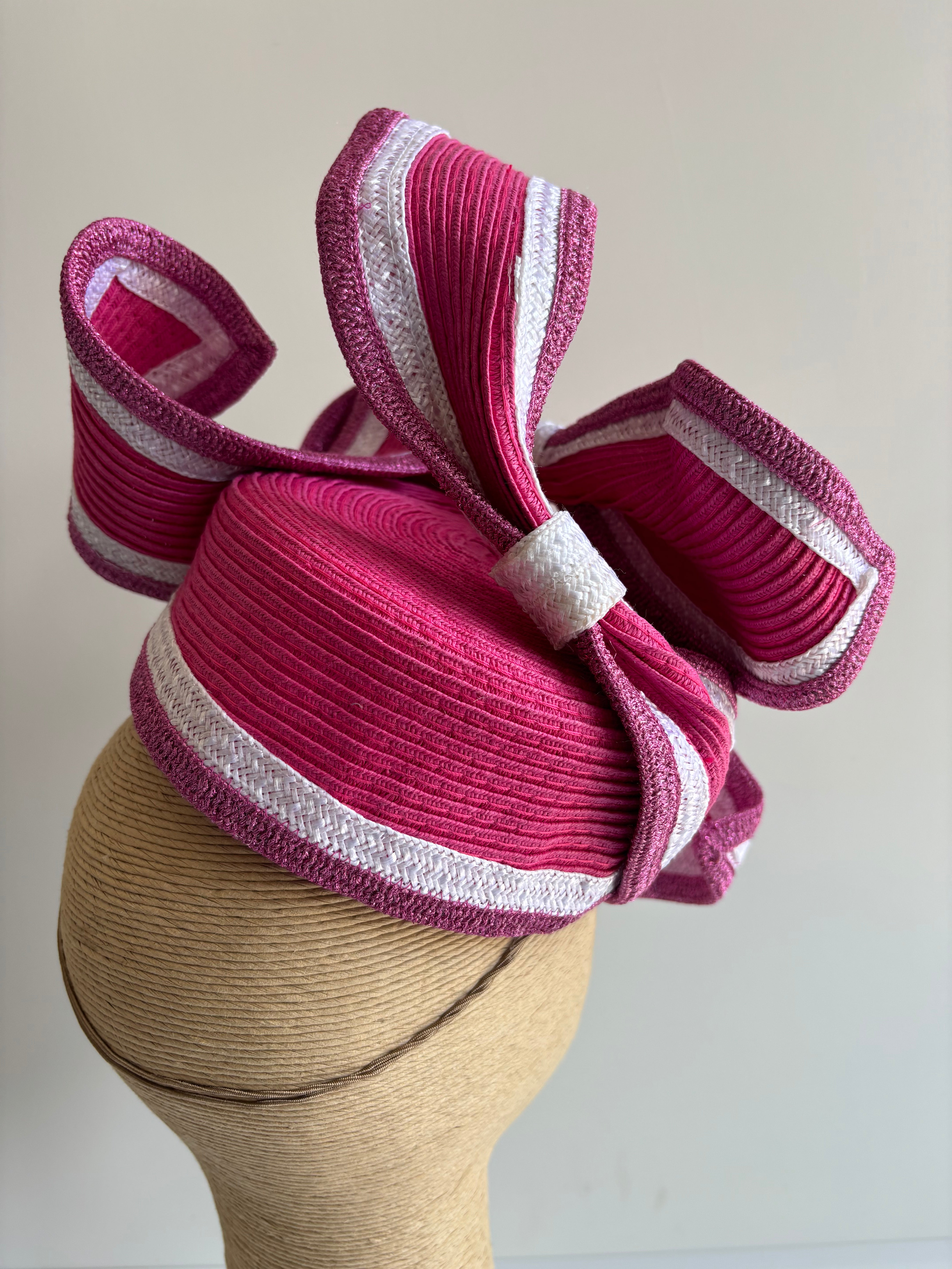 Hot Pink Straw Pillbox Hat with White Trim