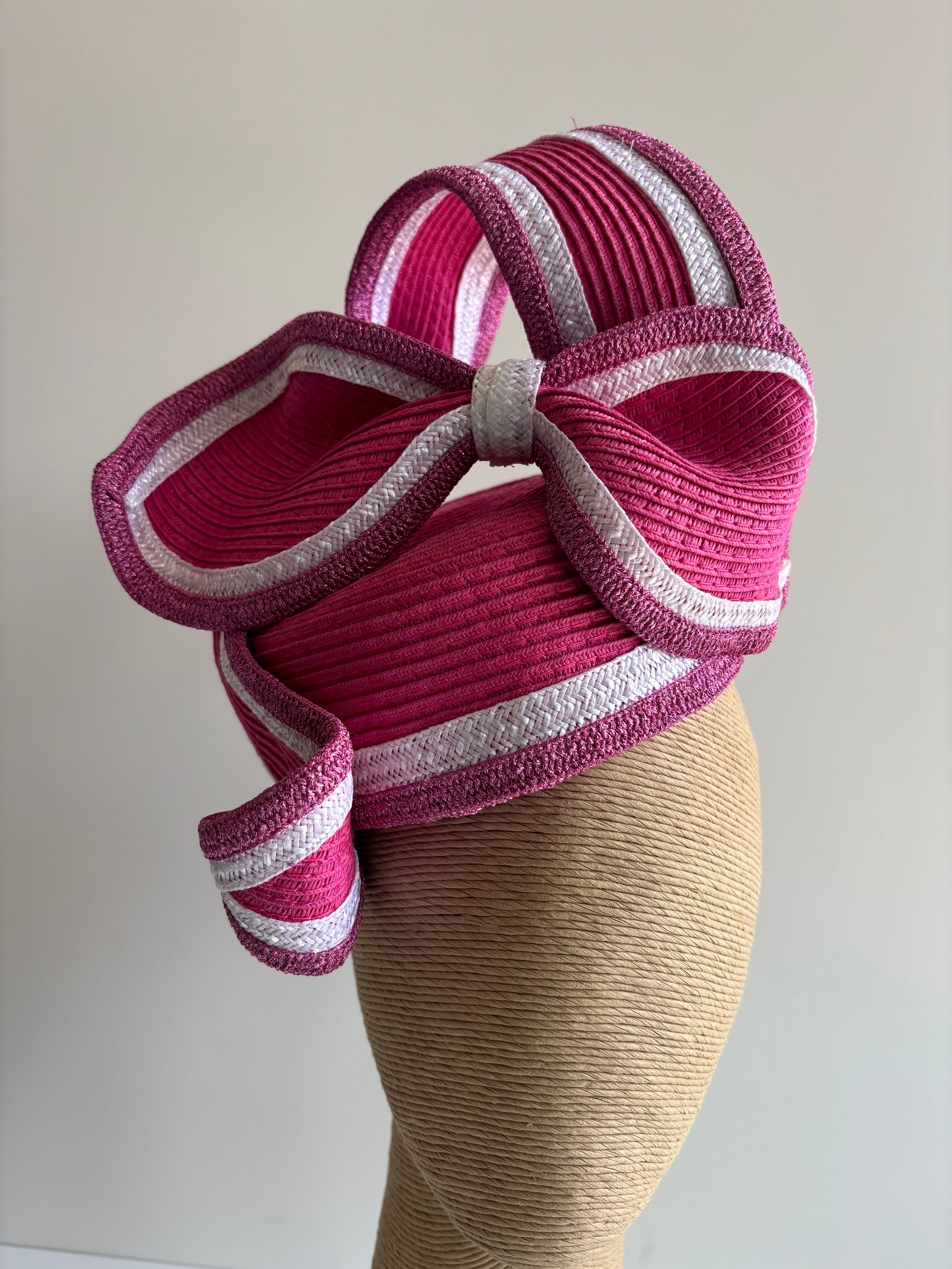 Hot Pink Straw Pillbox Hat with White Trim