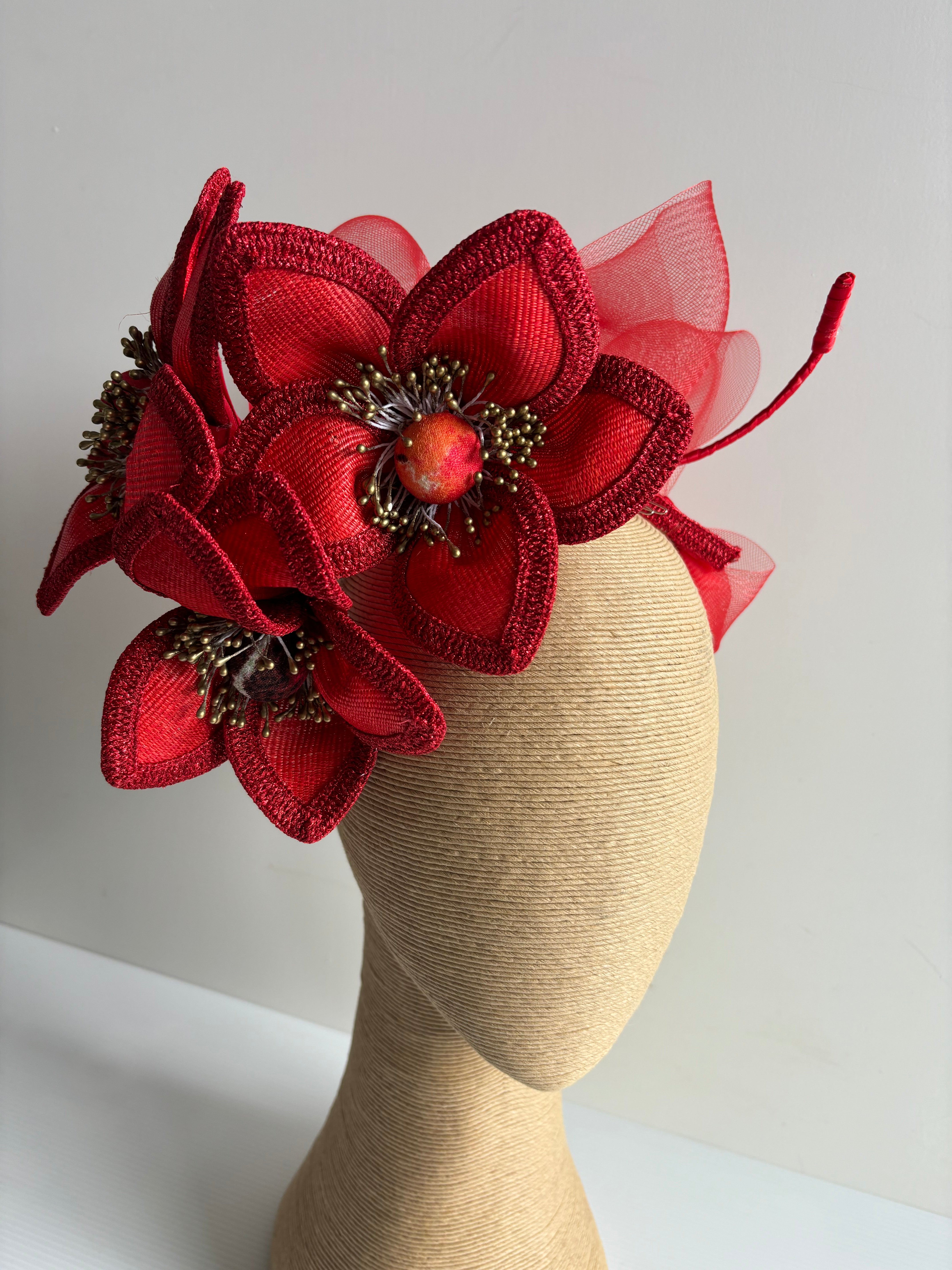 Red Tinalak Flower Fascinator with Gold Stamen — Statement Racing Headpiece