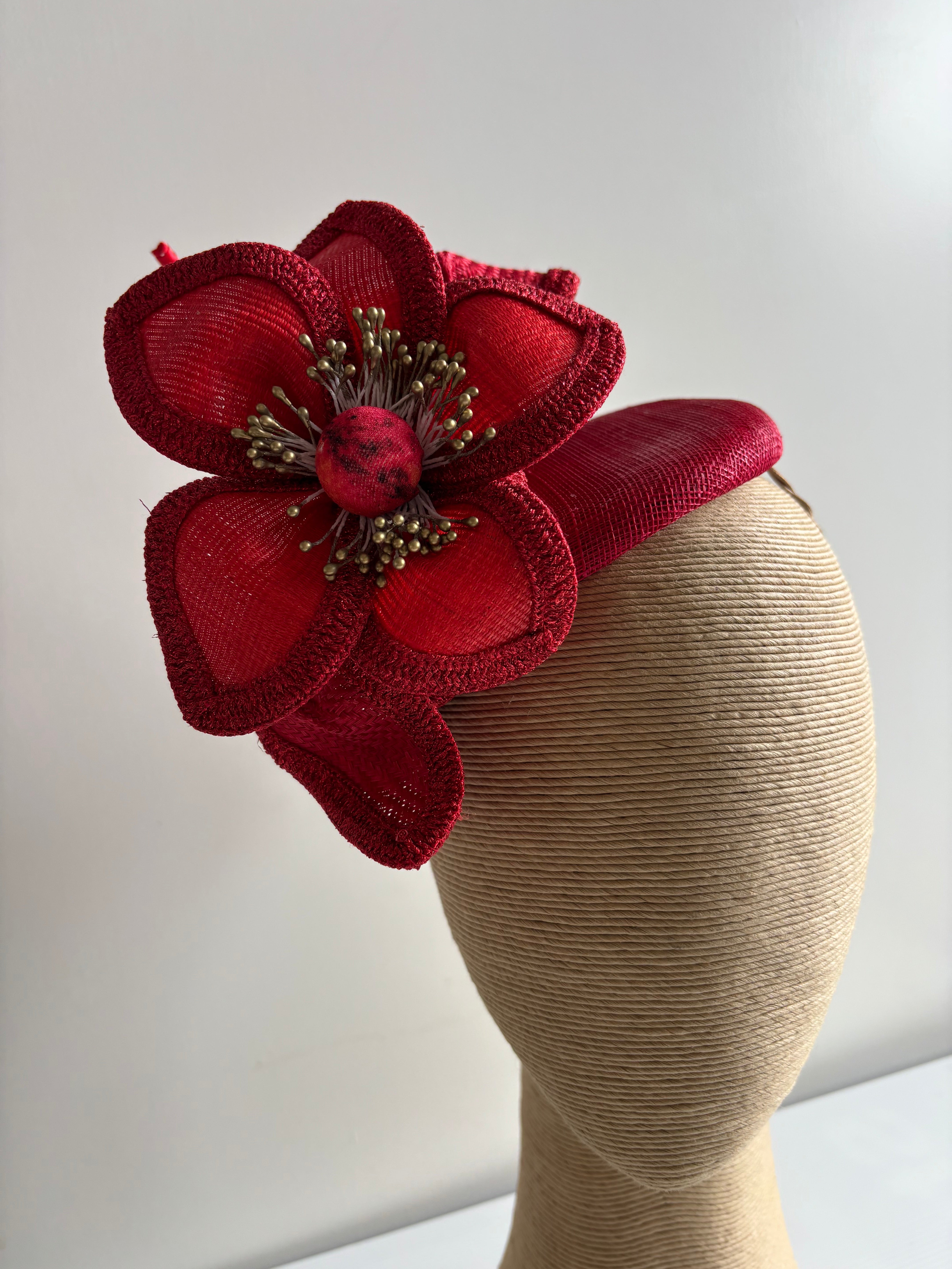 Red Straw Button Fascinator with Swirled Trim & Hand-Wired Flower