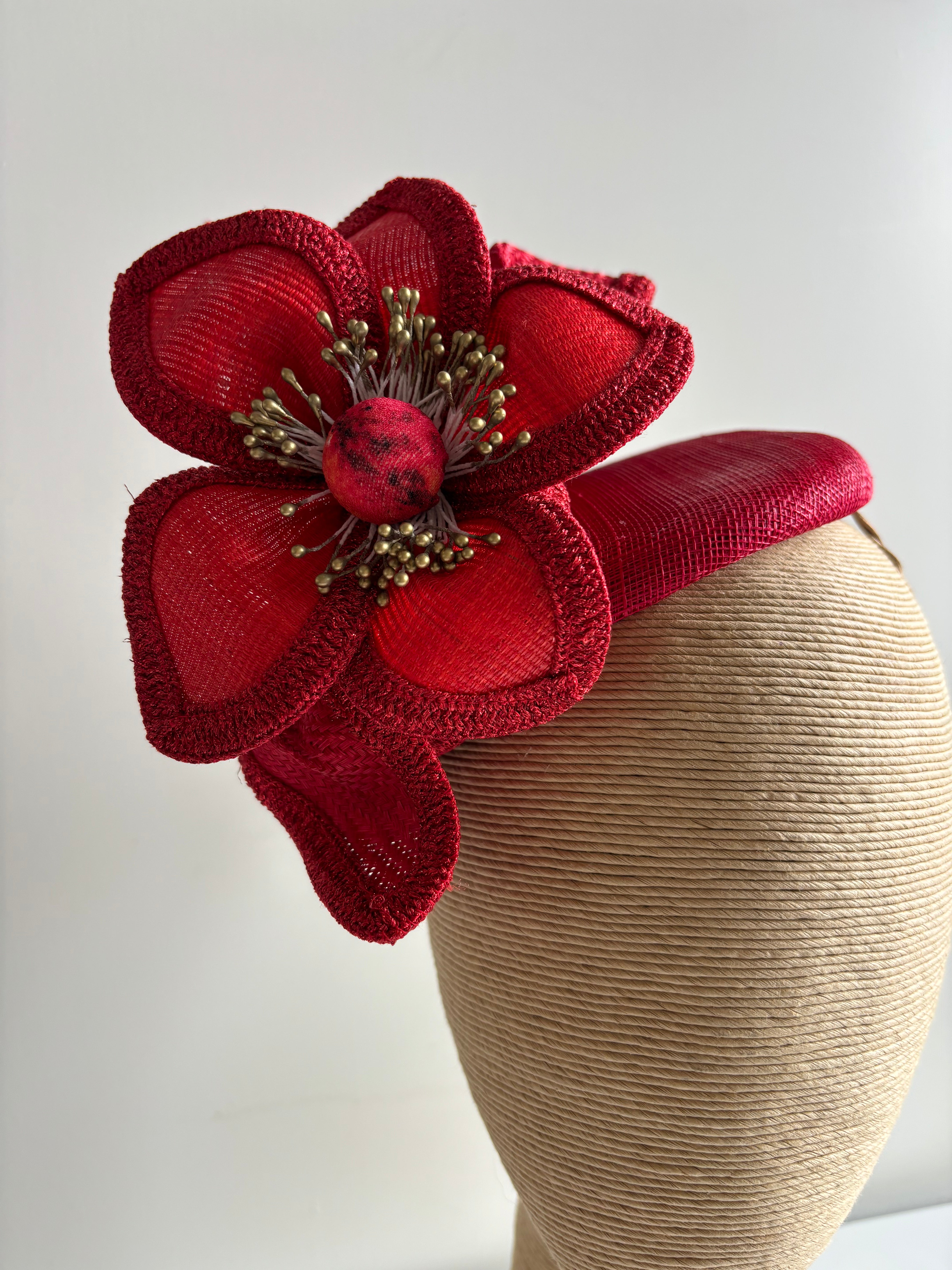 Red Straw Button Fascinator with Swirled Trim & Hand-Wired Flower