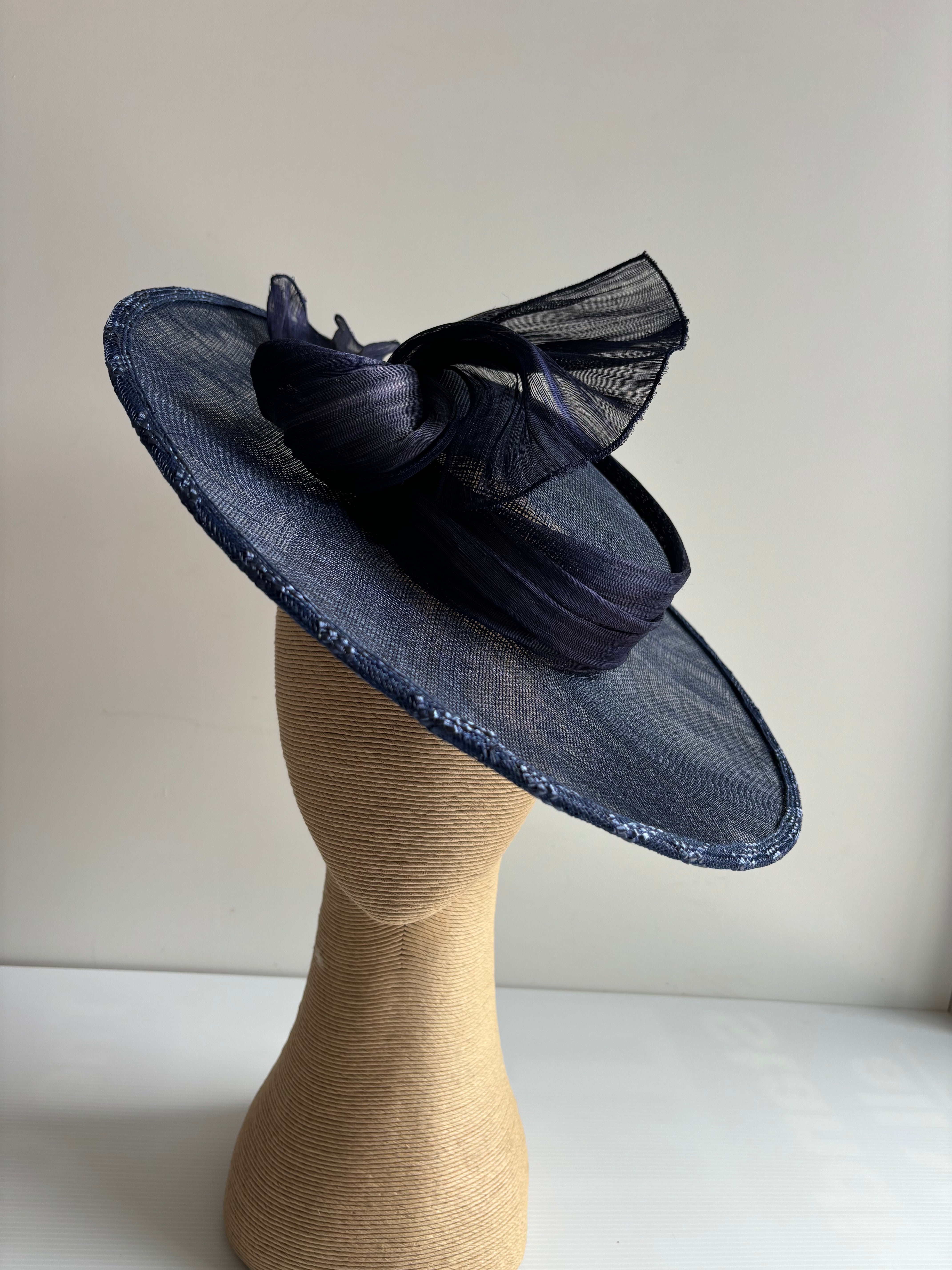 Navy Sinamay Boater Hat with Silk Abaca Trim – Race Day Headpiece