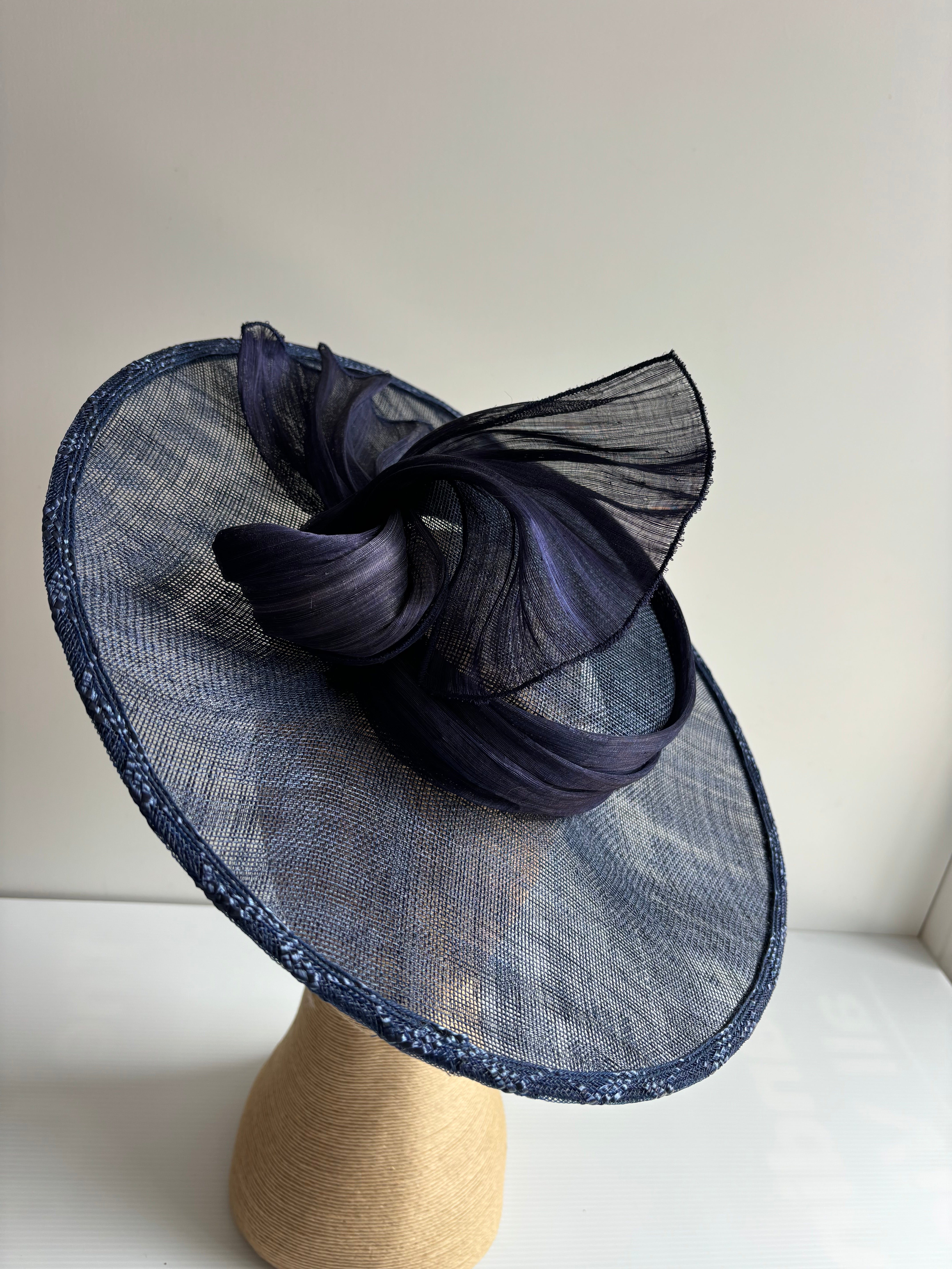 Navy Sinamay Boater Hat with Silk Abaca Trim – Race Day Headpiece