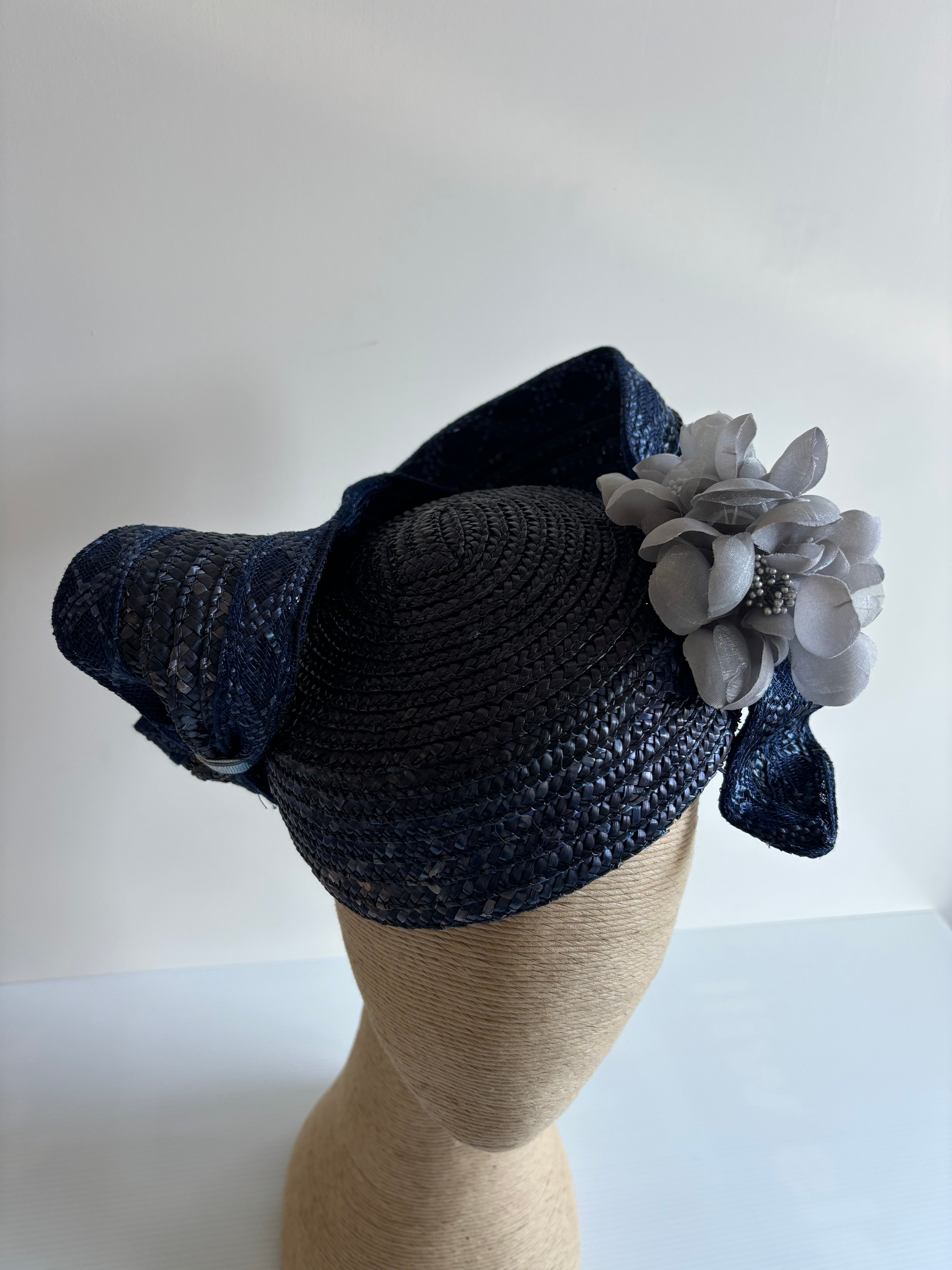 Dark Navy Straw Pillbox Hat with Silver Flower Accent