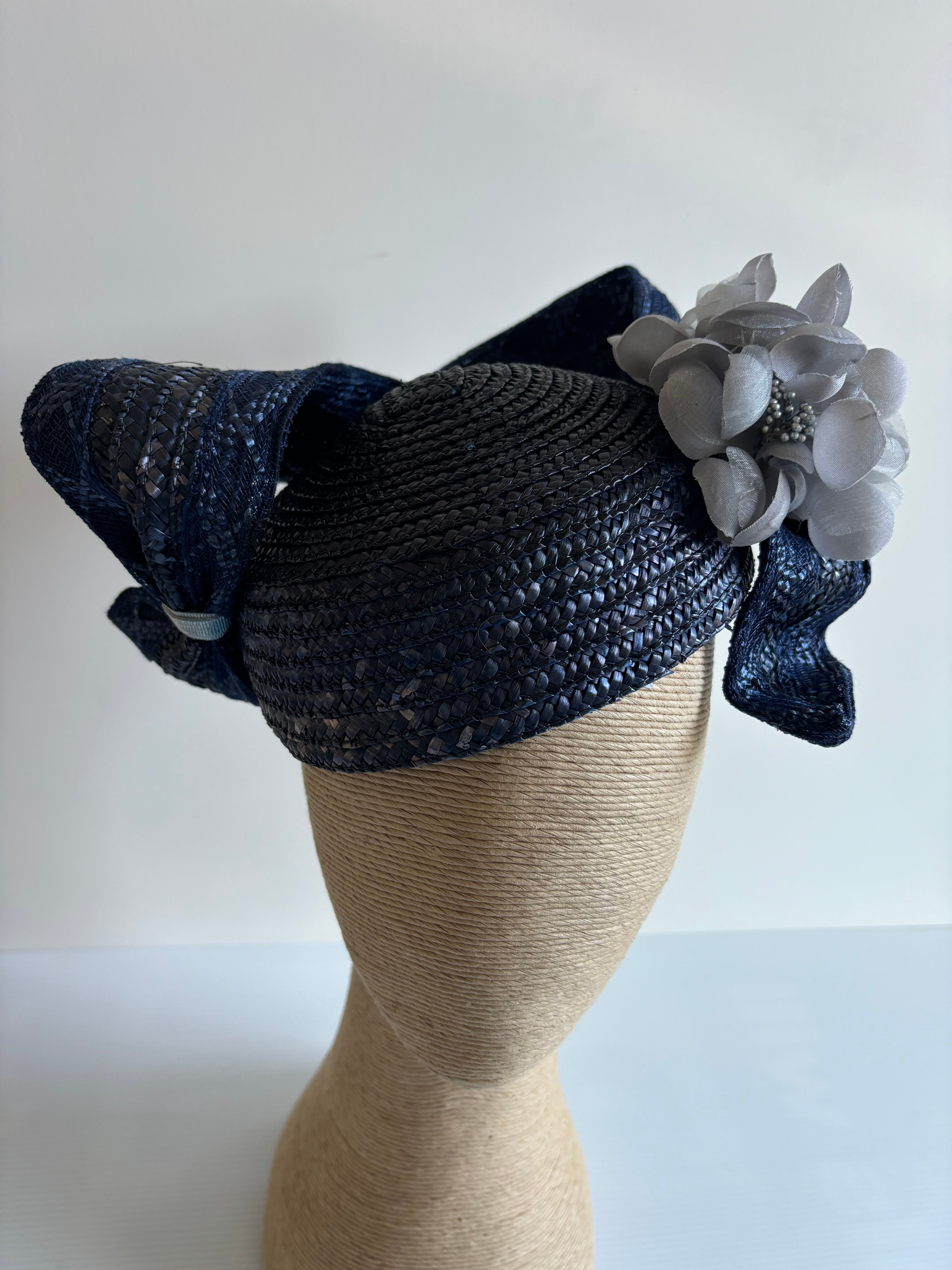 Dark Navy Straw Pillbox Hat with Silver Flower Accent