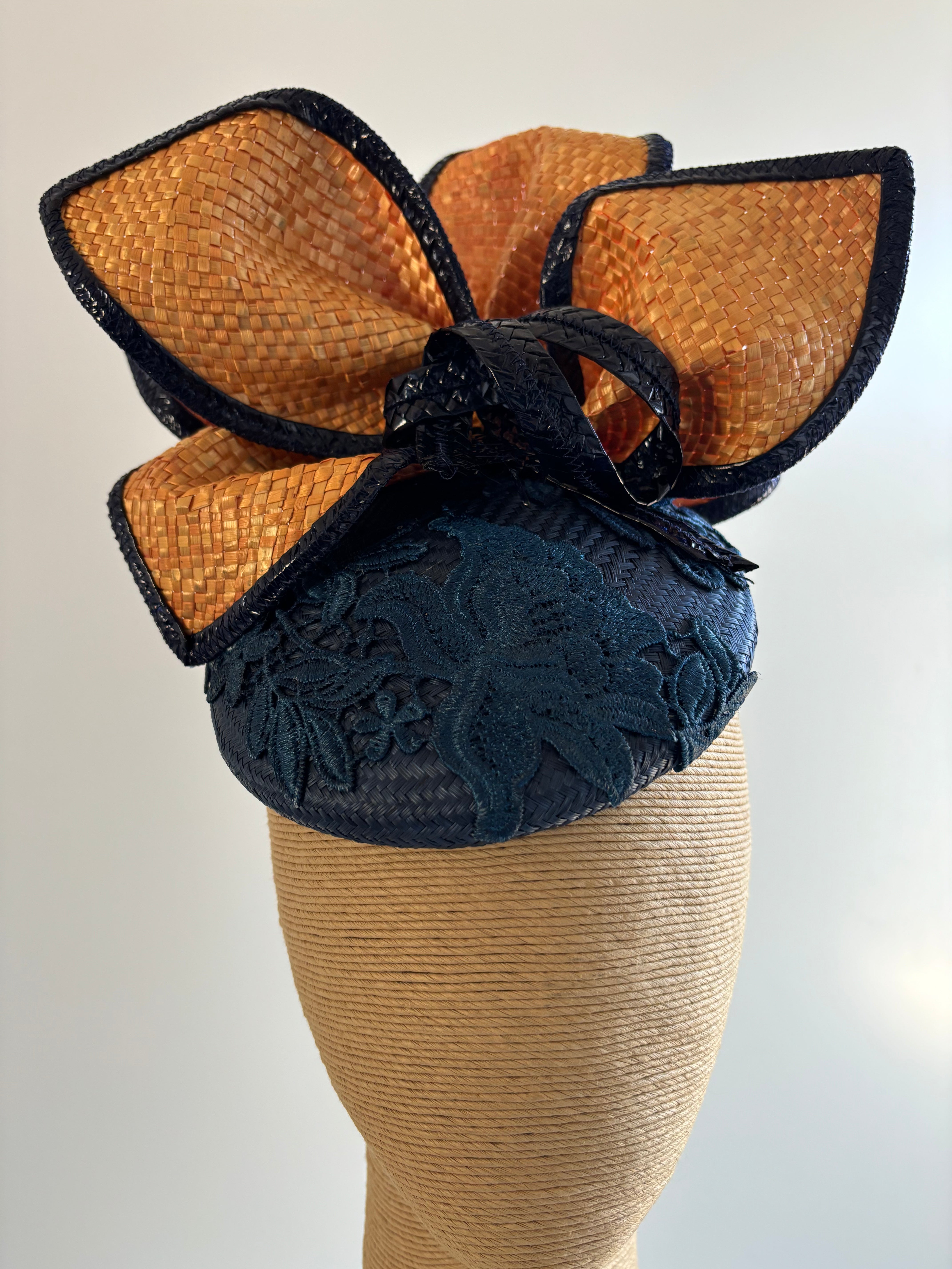 Navy & Pumpkin Lace Button Fascinator