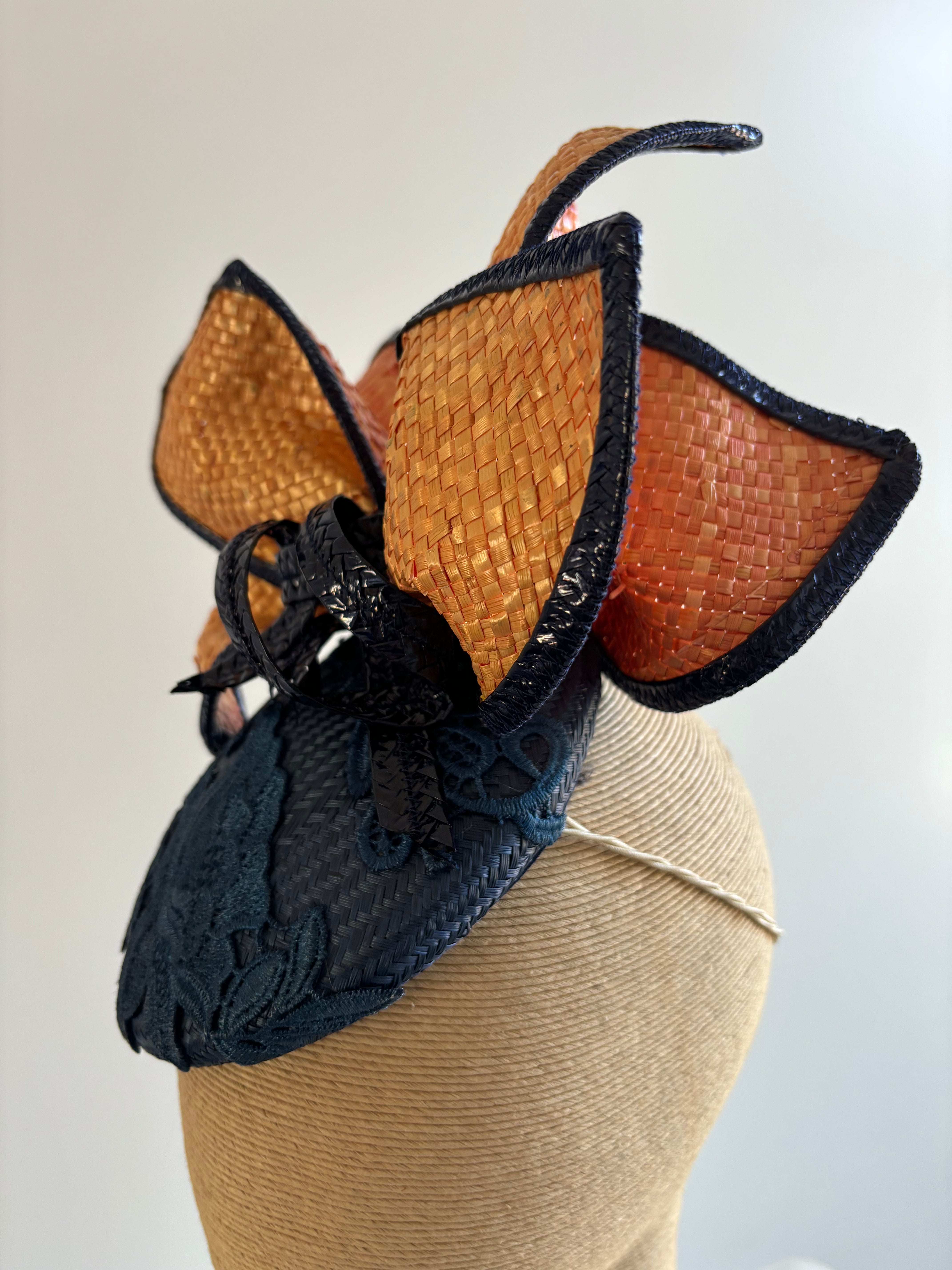 Navy & Pumpkin Lace Button Fascinator