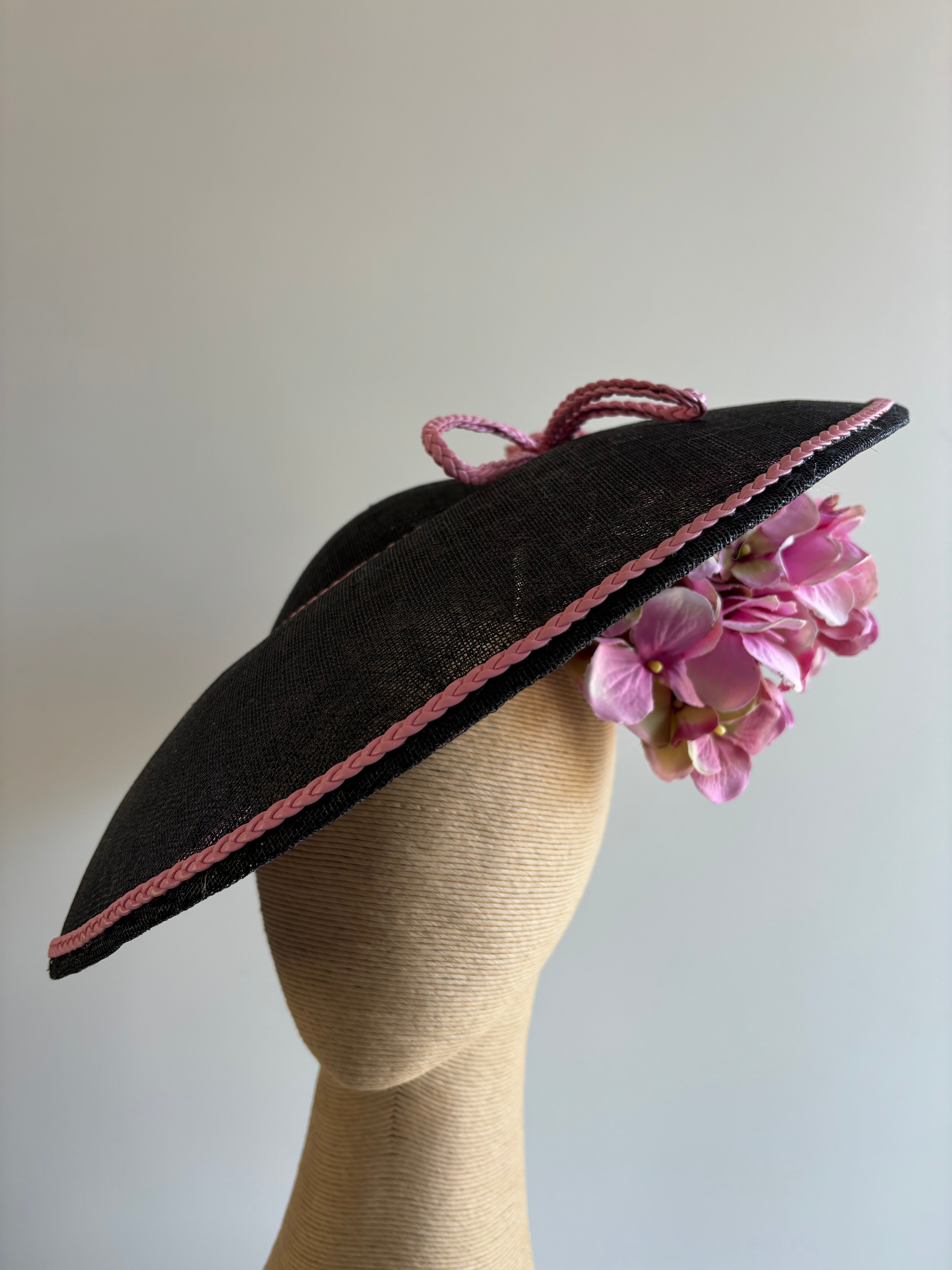 Black & Pink Saucer Hat with Floral Trim