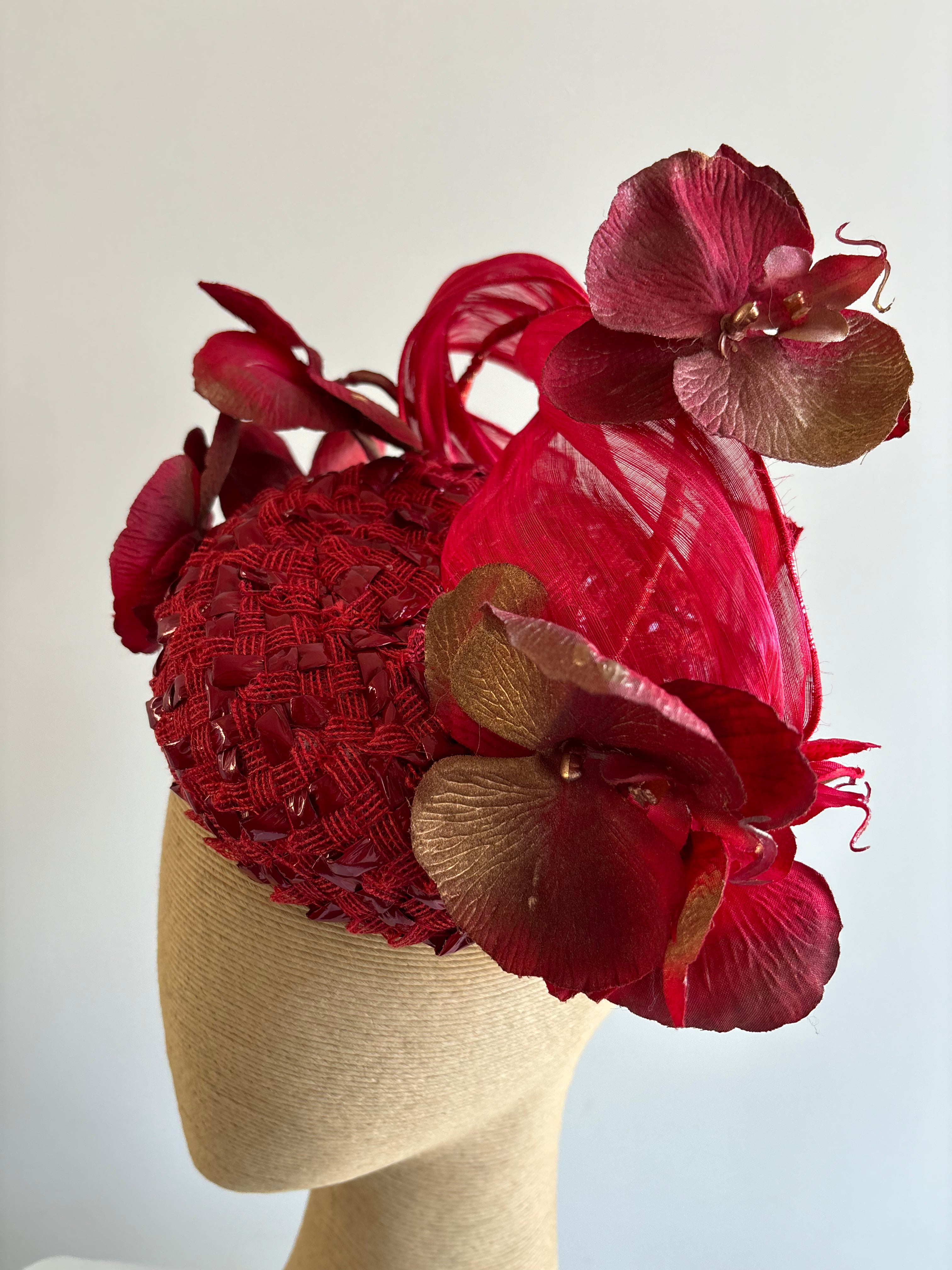 Red Racello Braid Fascinator with Wired Flower