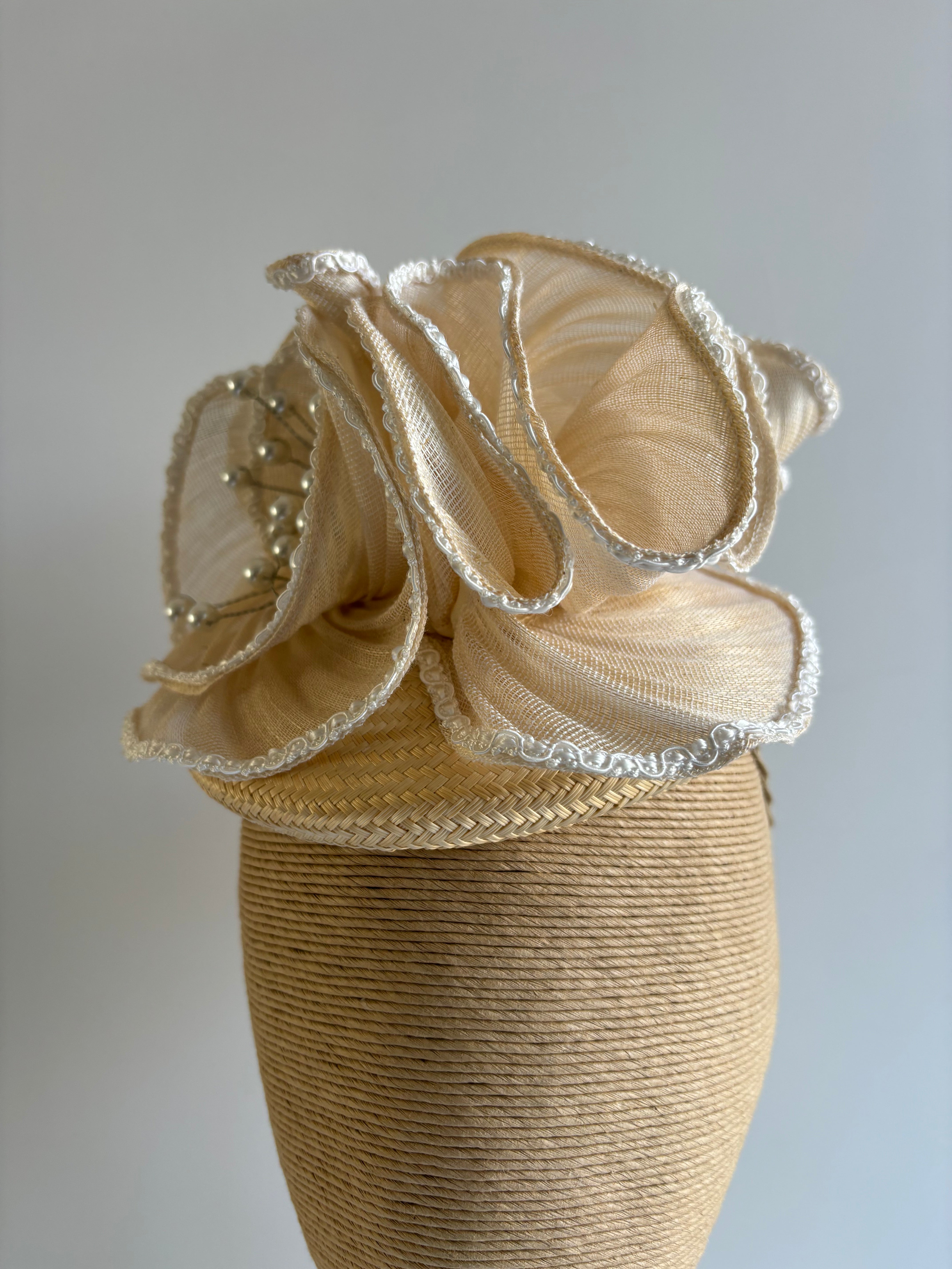 Ivory Straw Button Fascinator with Wired Pearls