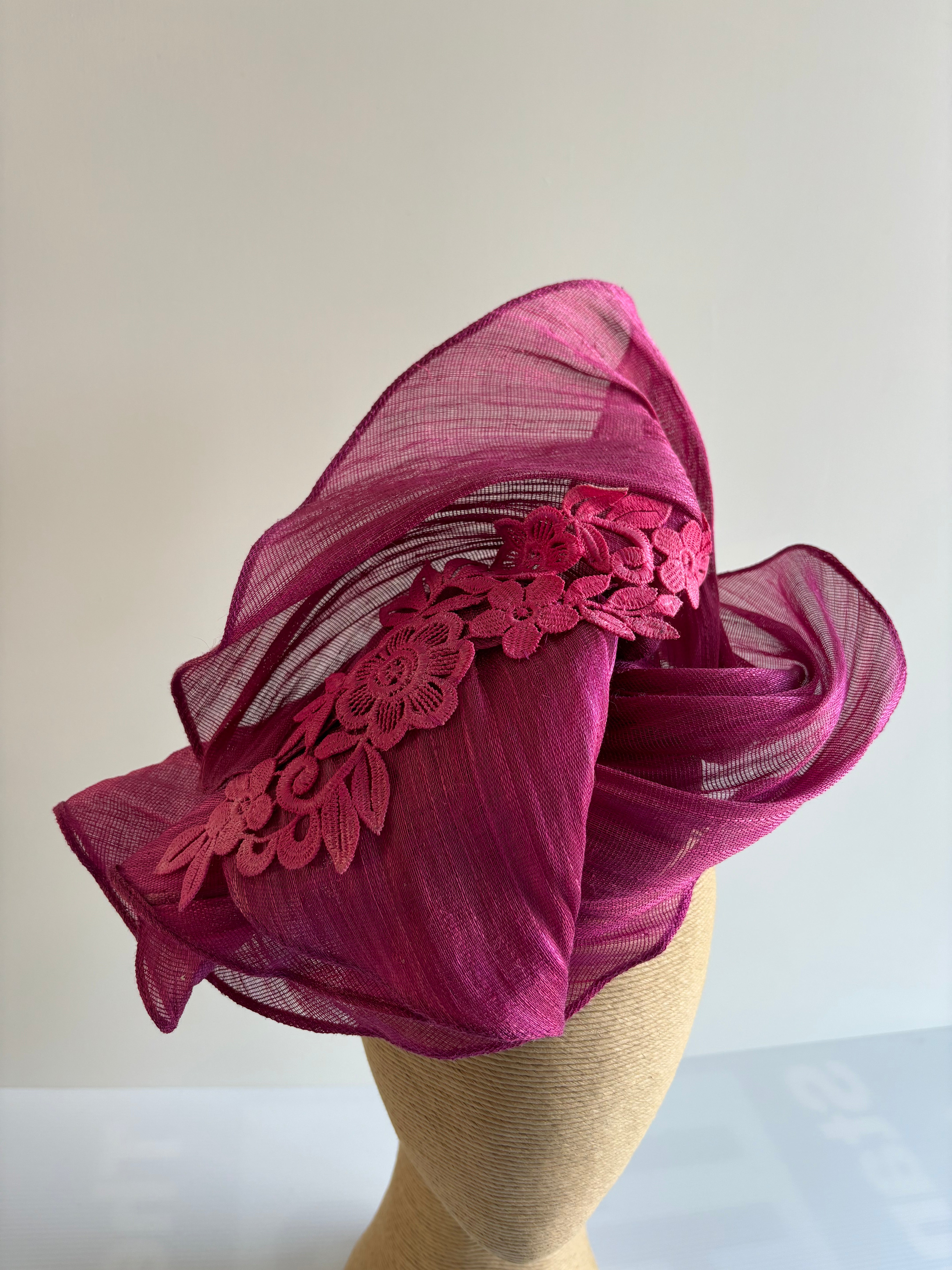 Magenta Pink Silk Abaca Fascinator with Lace Detail
