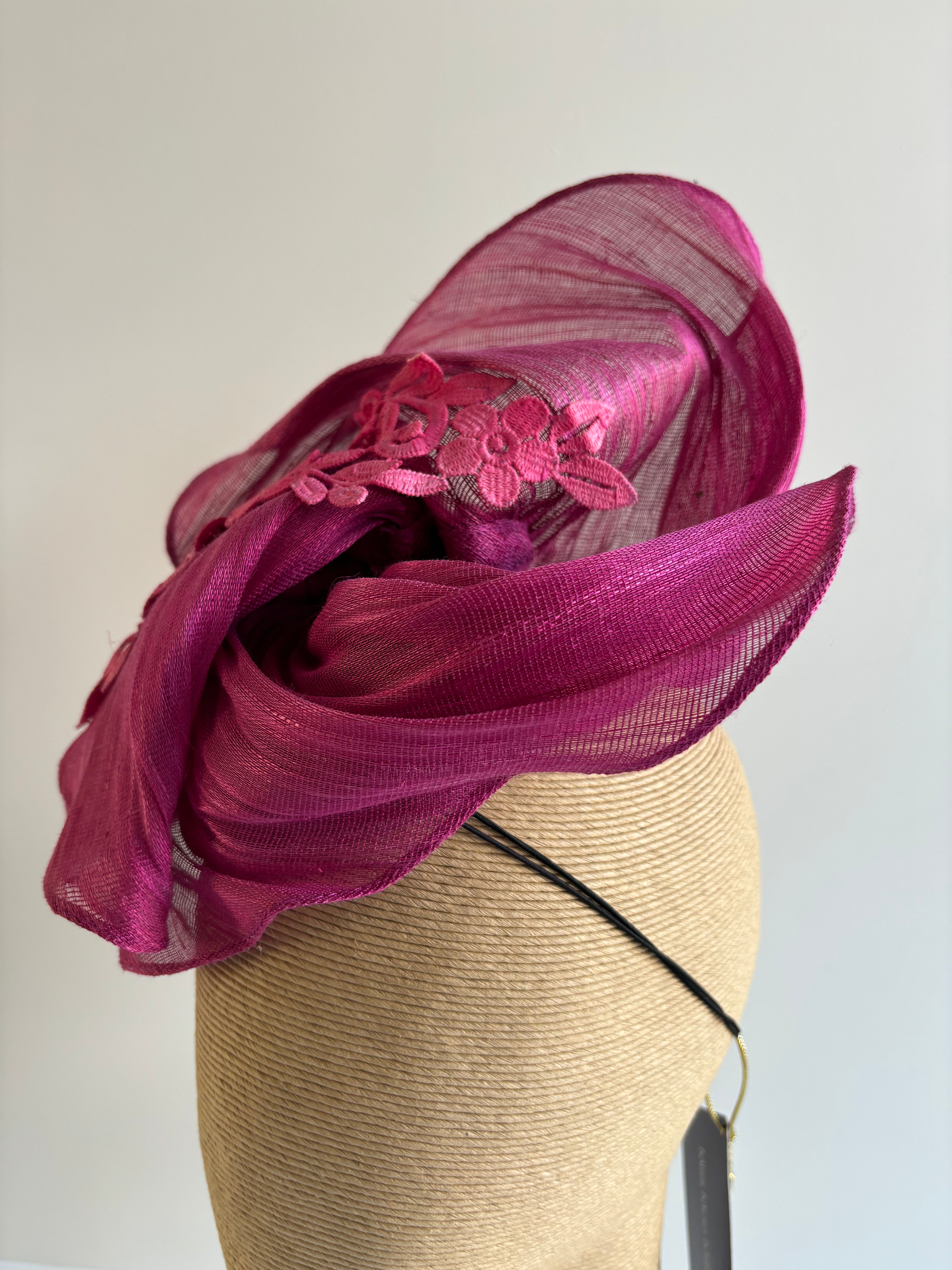 Magenta Pink Silk Abaca Fascinator with Lace Detail