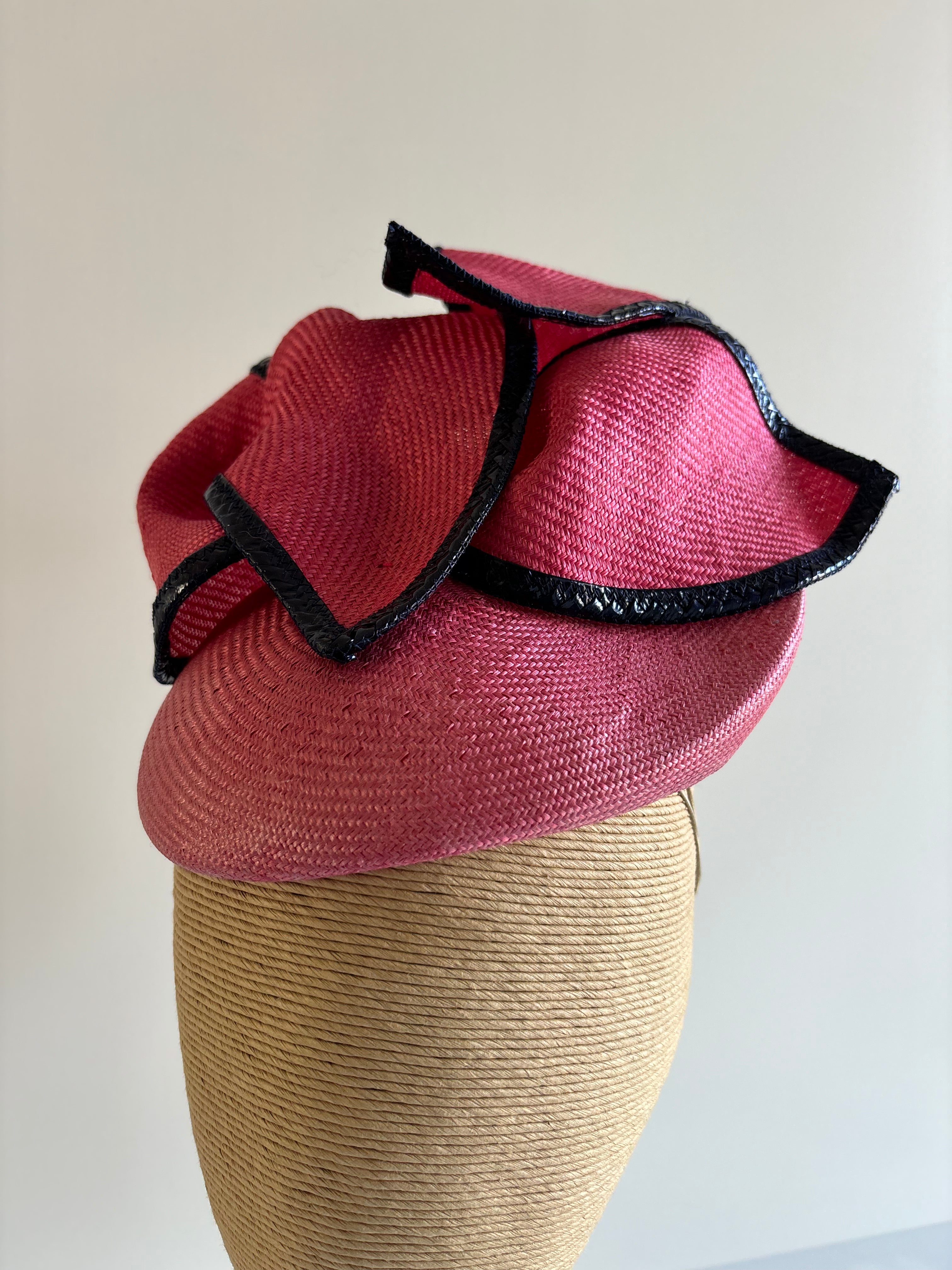 Rose Pink Straw Fascinator with Navy Braid Trim