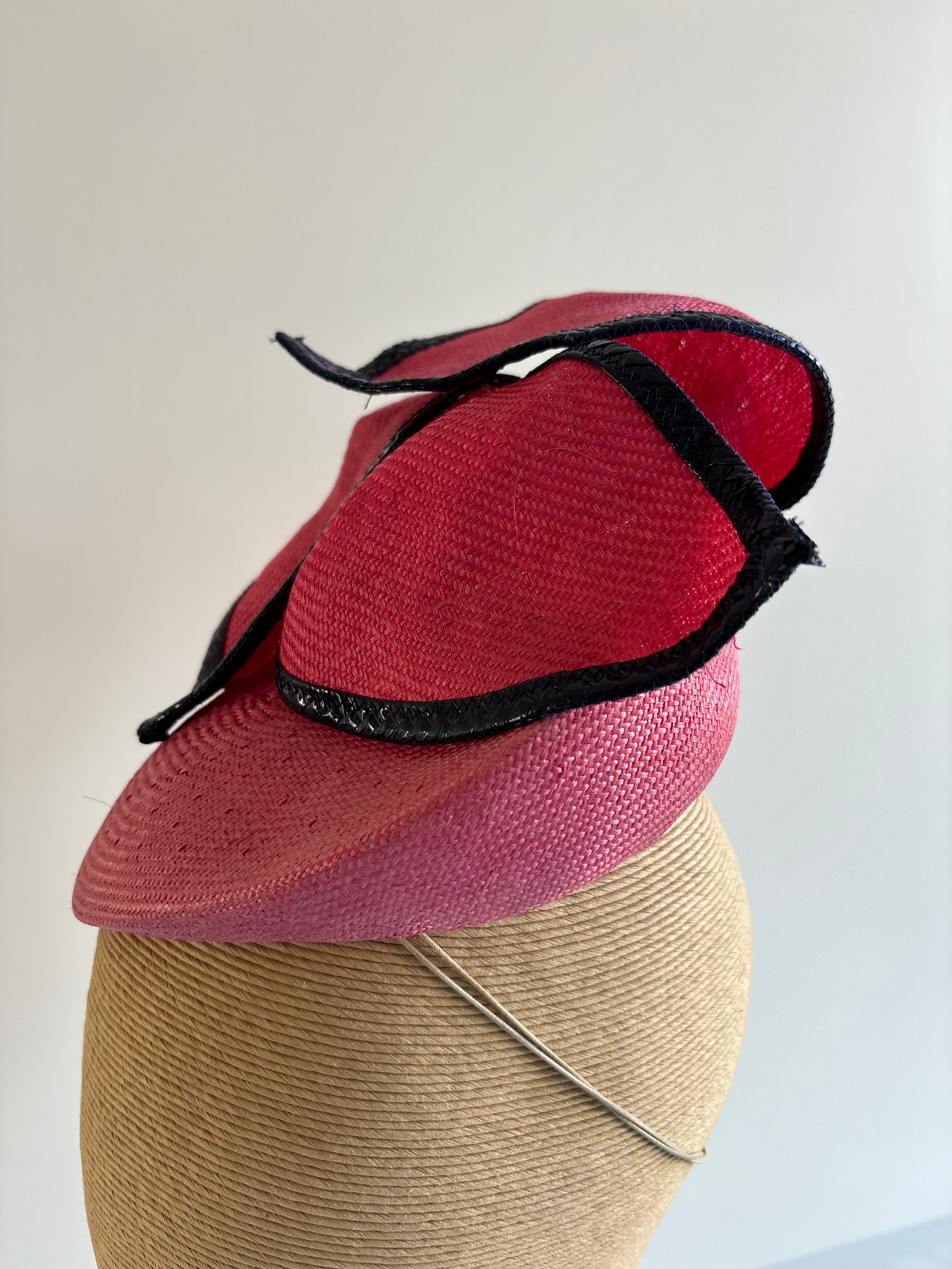 Rose Pink Straw Fascinator with Navy Braid Trim