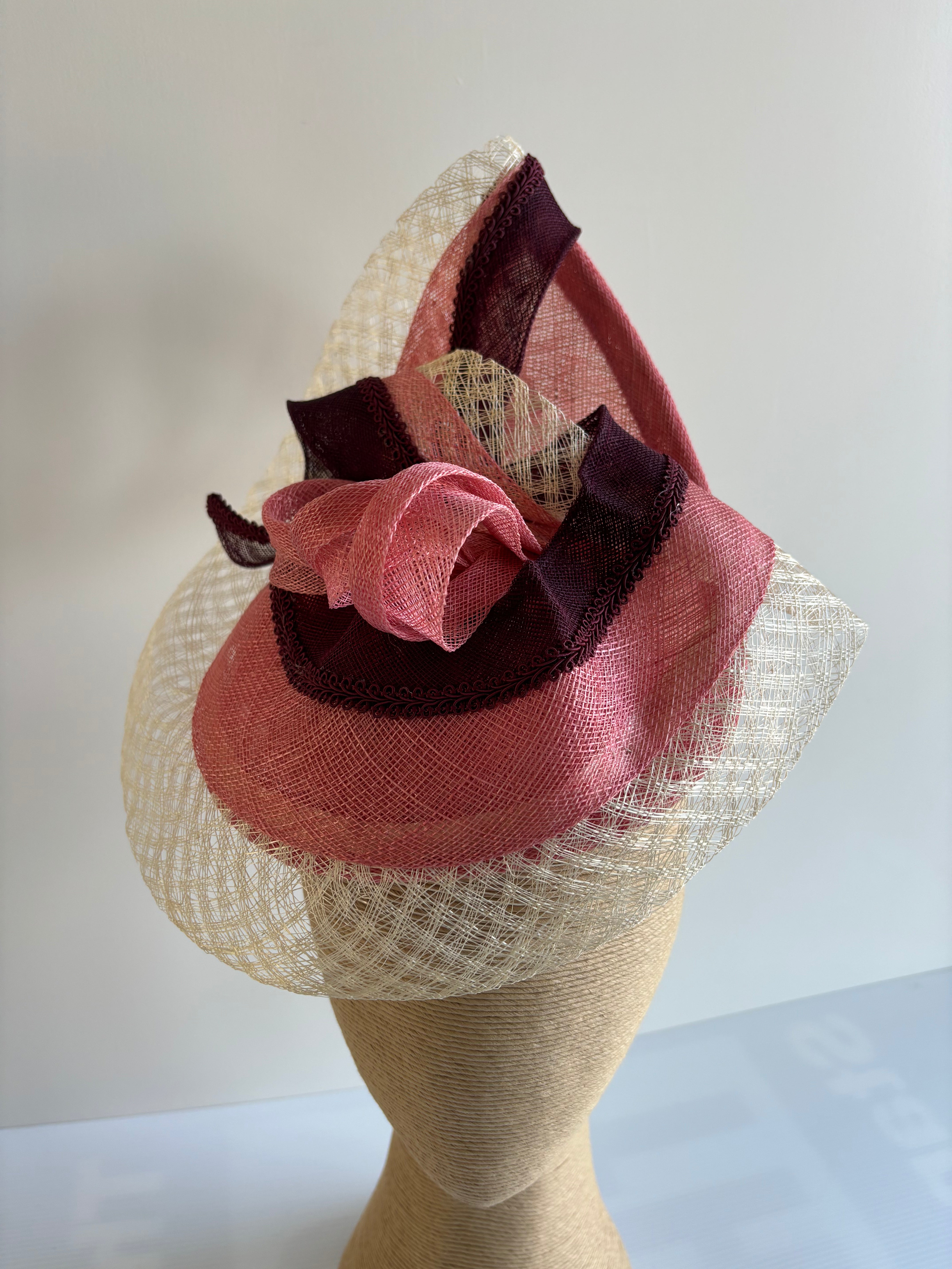 Maroon, Pink & Ivory Sinamay Fascinator