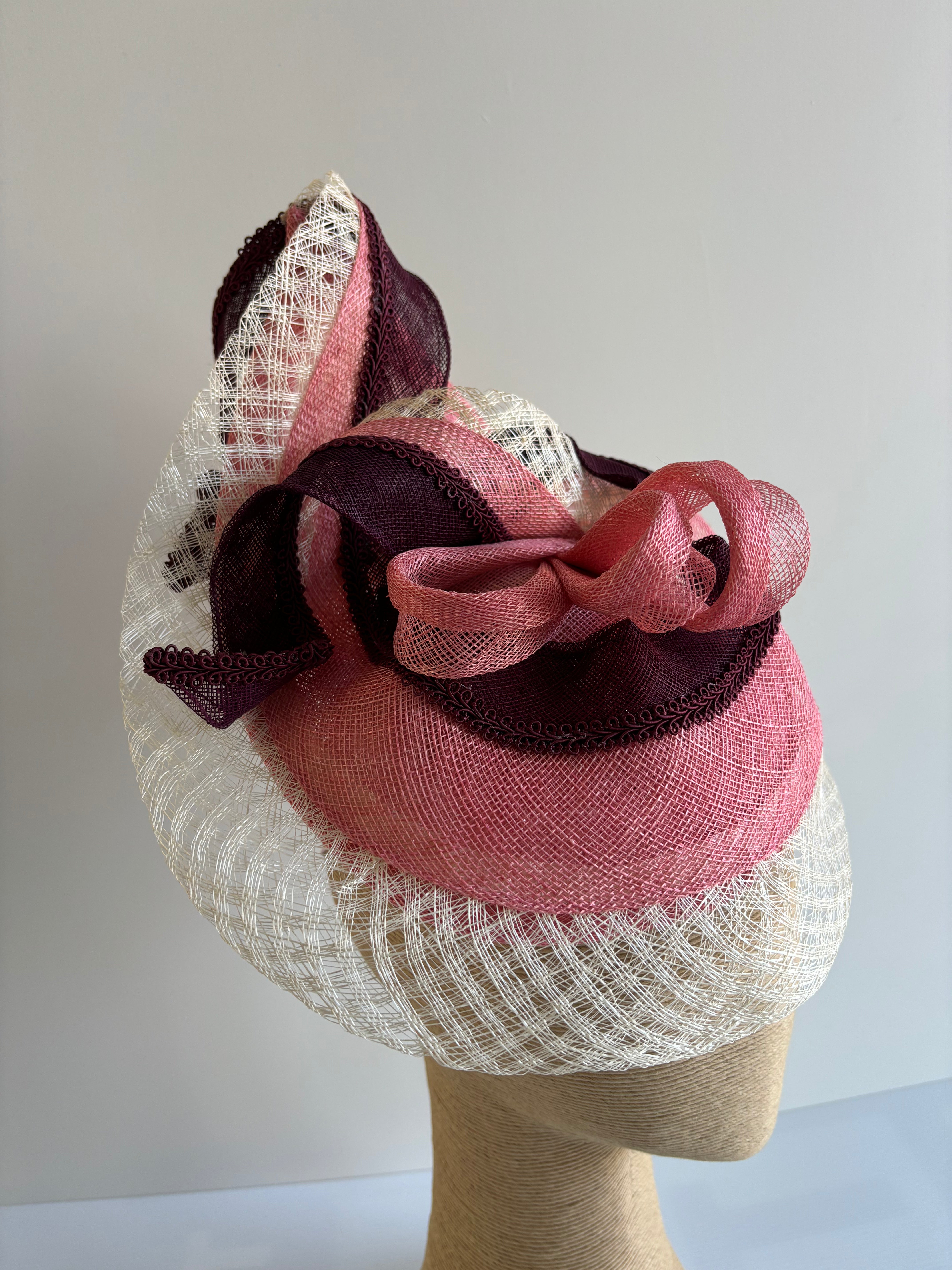 Maroon, Pink & Ivory Sinamay Fascinator