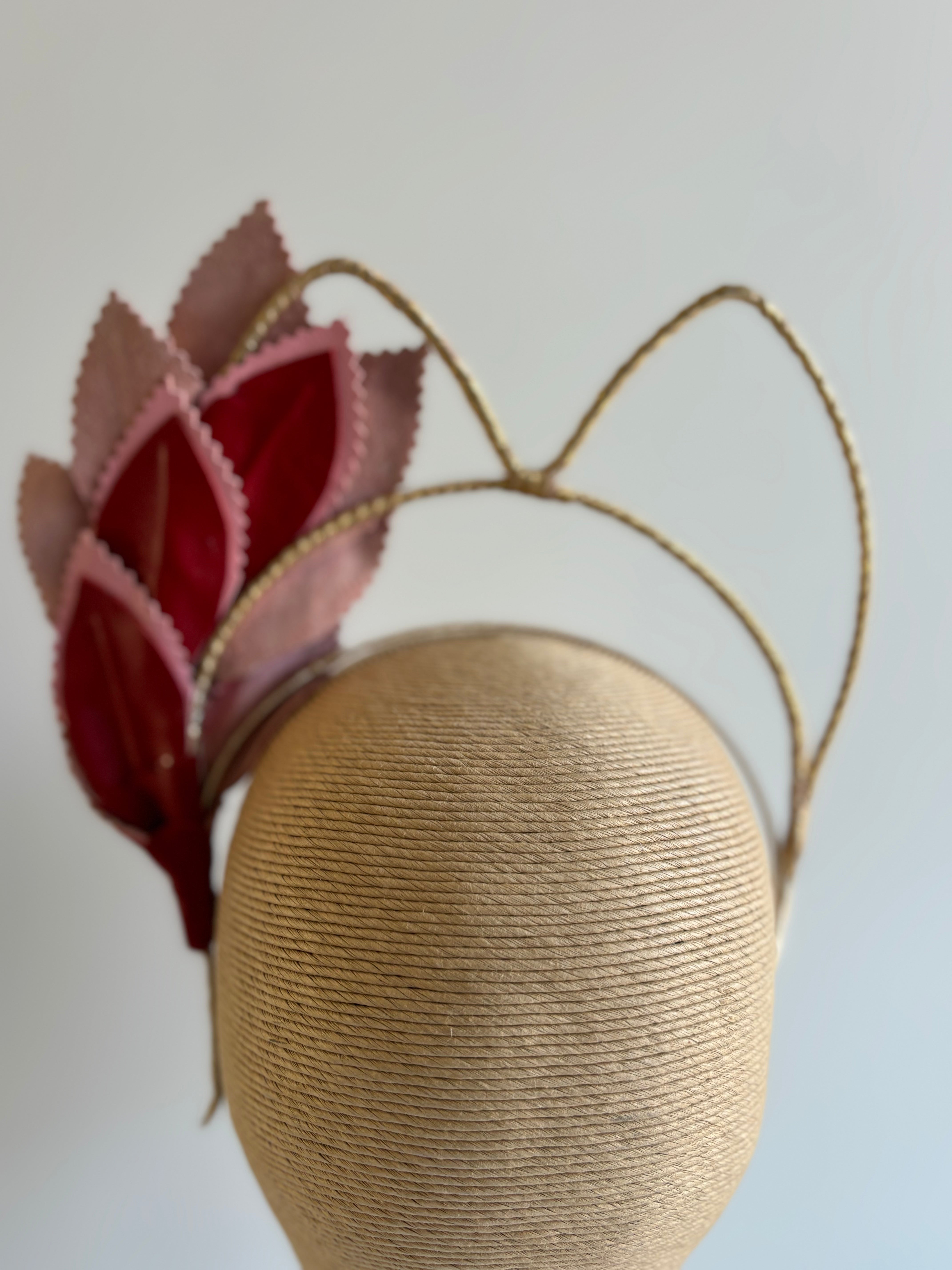Gold Leather Fascinator with Red & Pink Leaf Trim