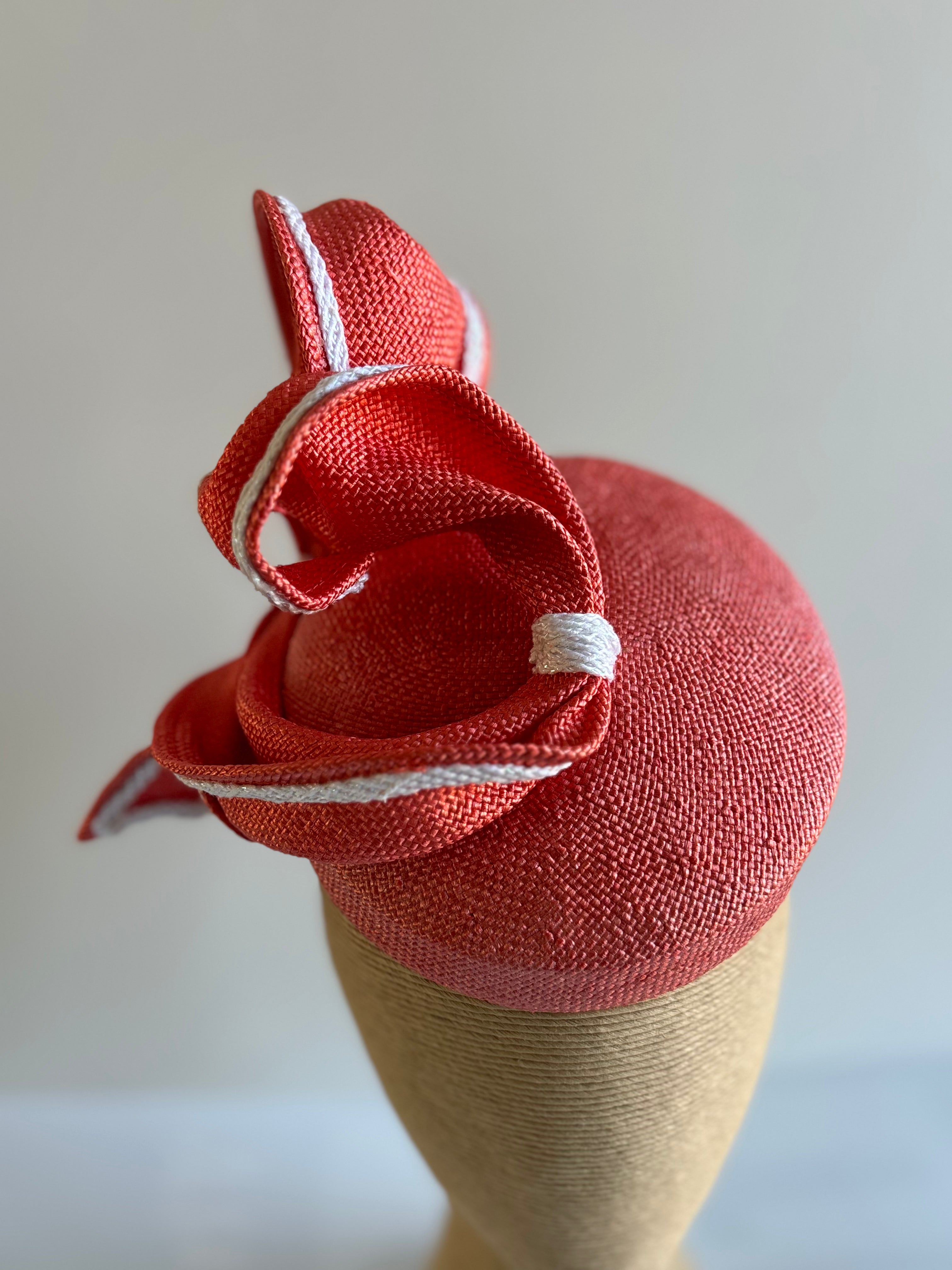 Coral Straw Fascinator with White-Edged Trim