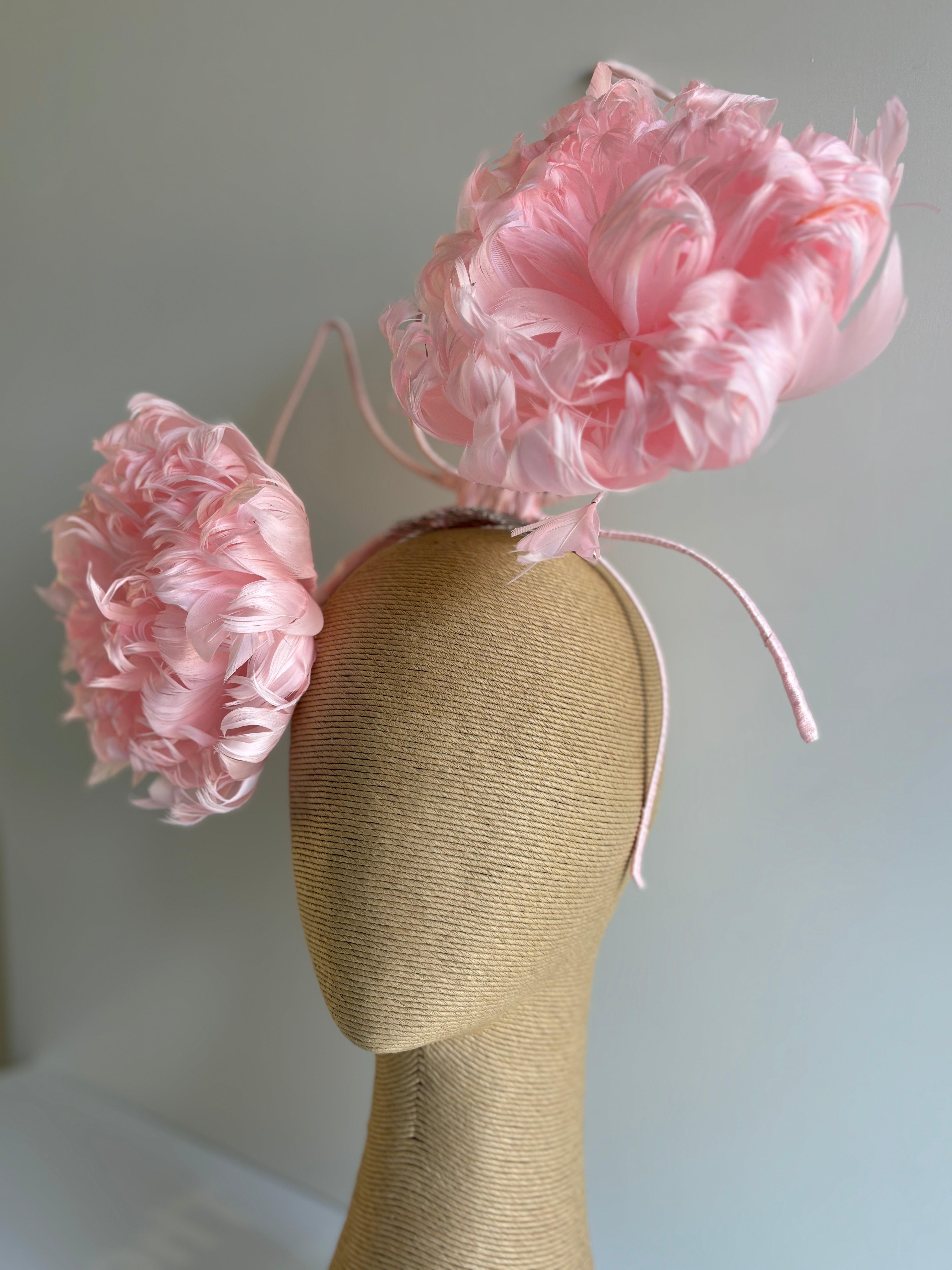 Baby Pink Feather Flower Fascinator on Wired Headband