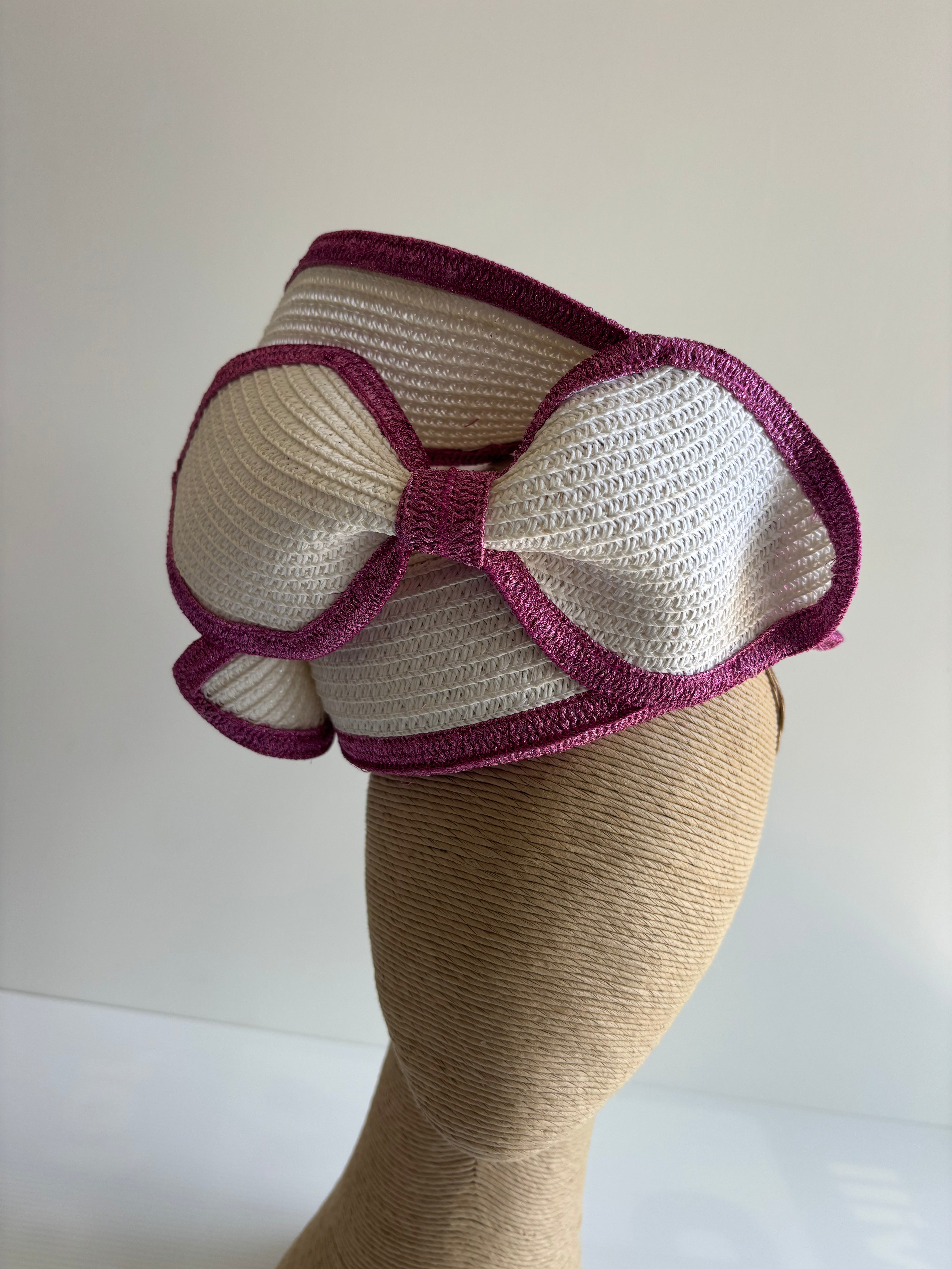 White Straw Pillbox Hat with Pink Edging & Bow Detail