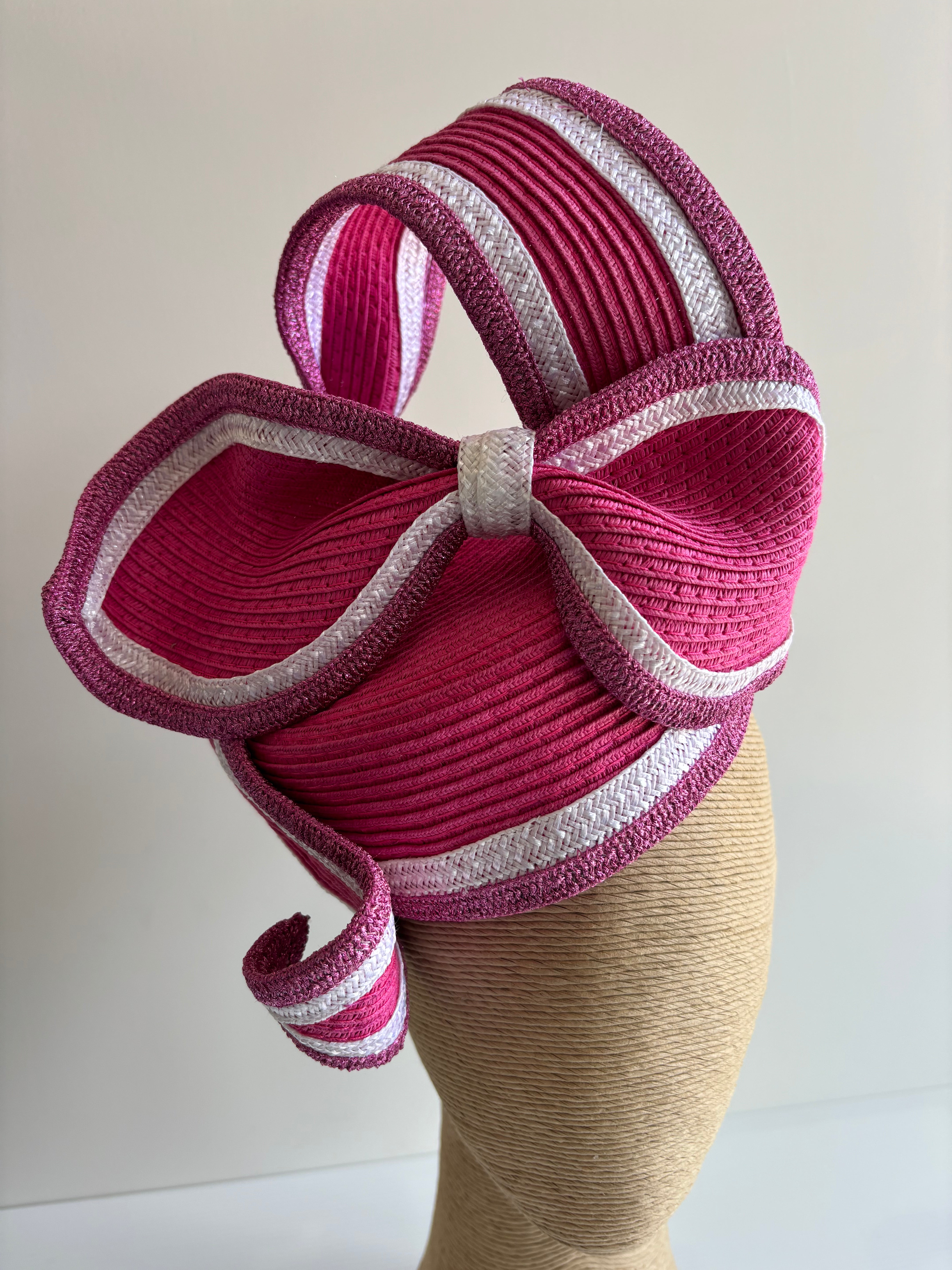 Hot Pink Straw Pillbox Hat with White Trim