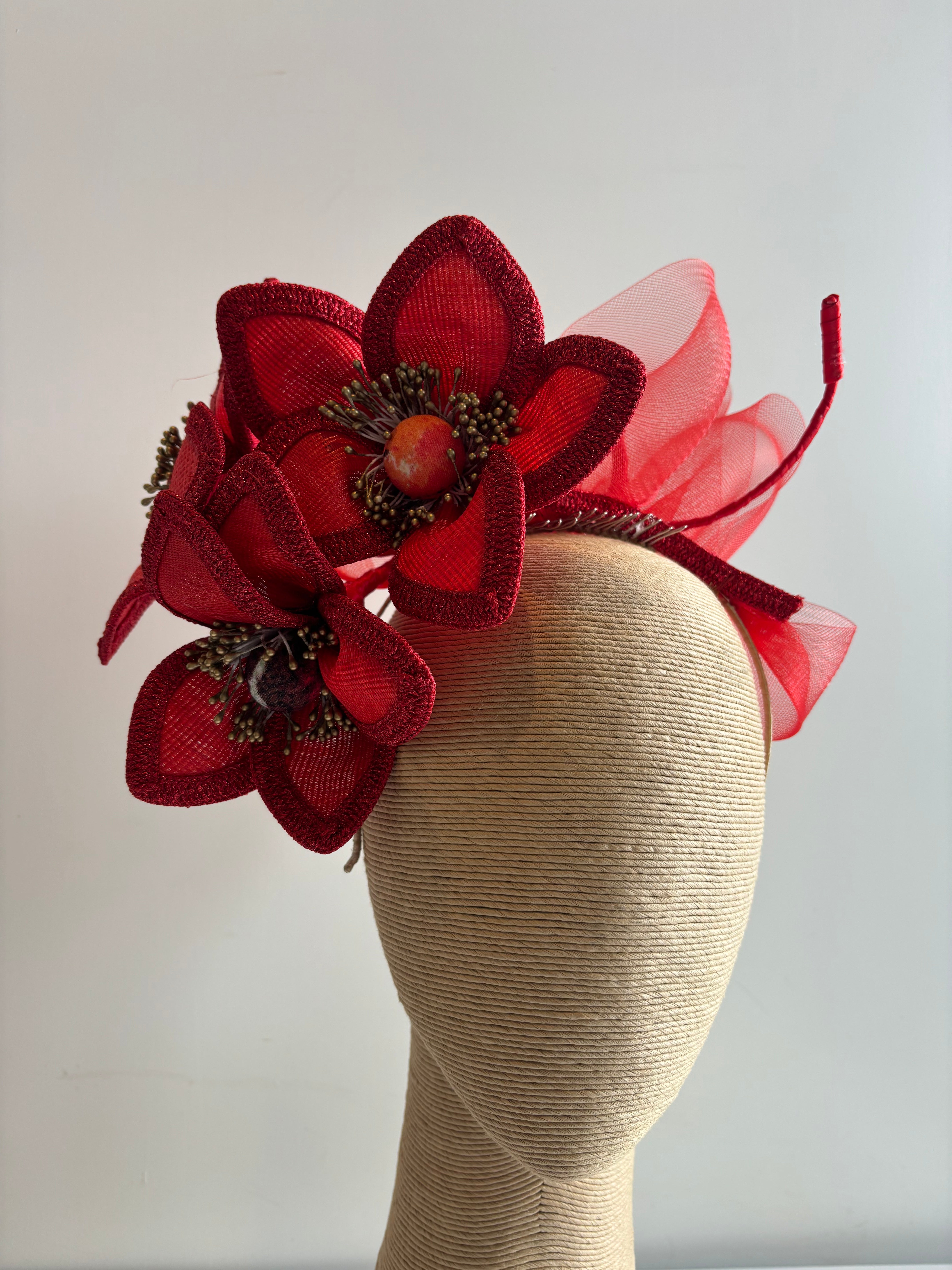 Red Tinalak Flower Fascinator with Gold Stamen — Statement Racing Headpiece