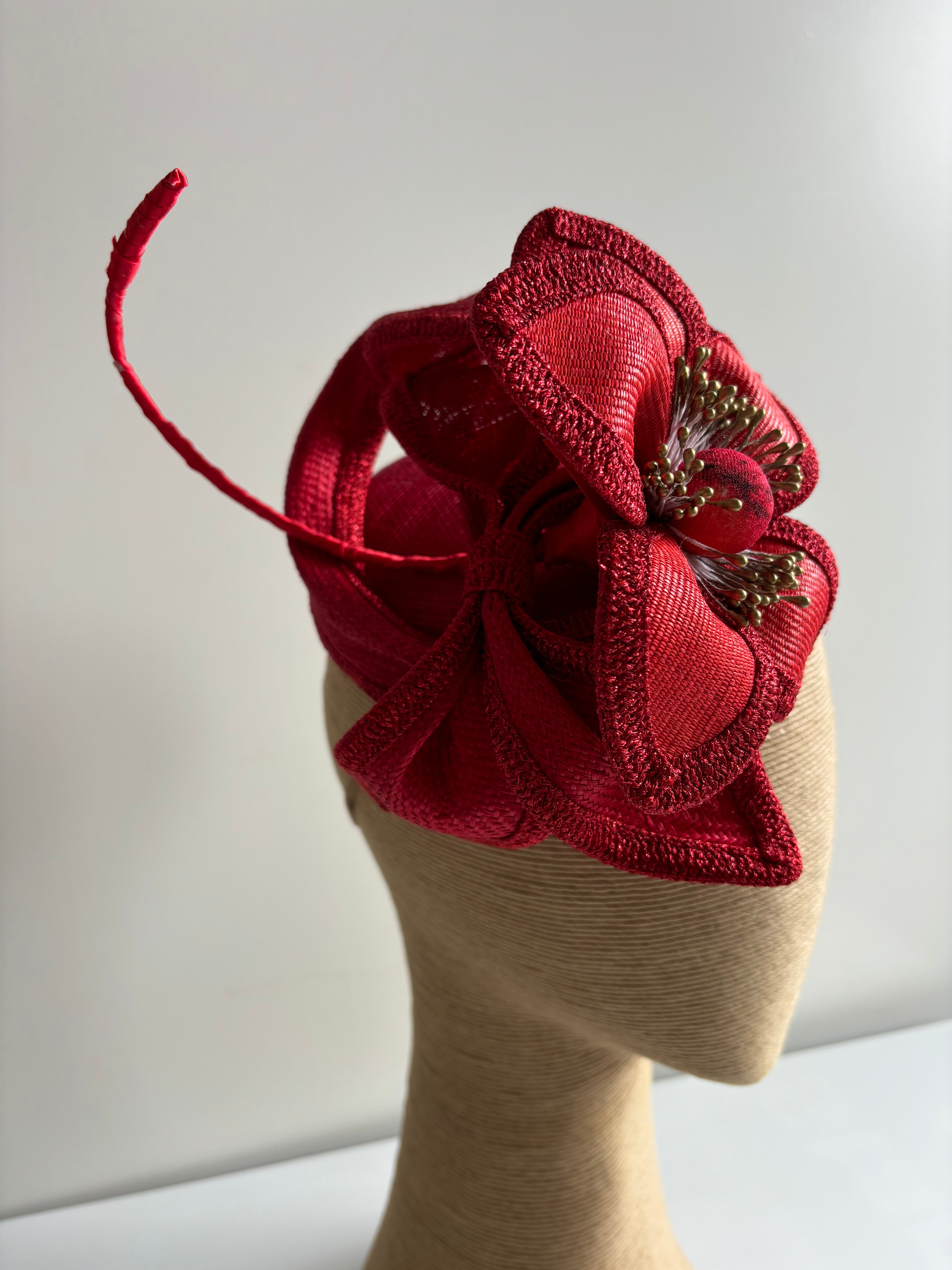 Red Straw Button Fascinator with Swirled Trim & Hand-Wired Flower