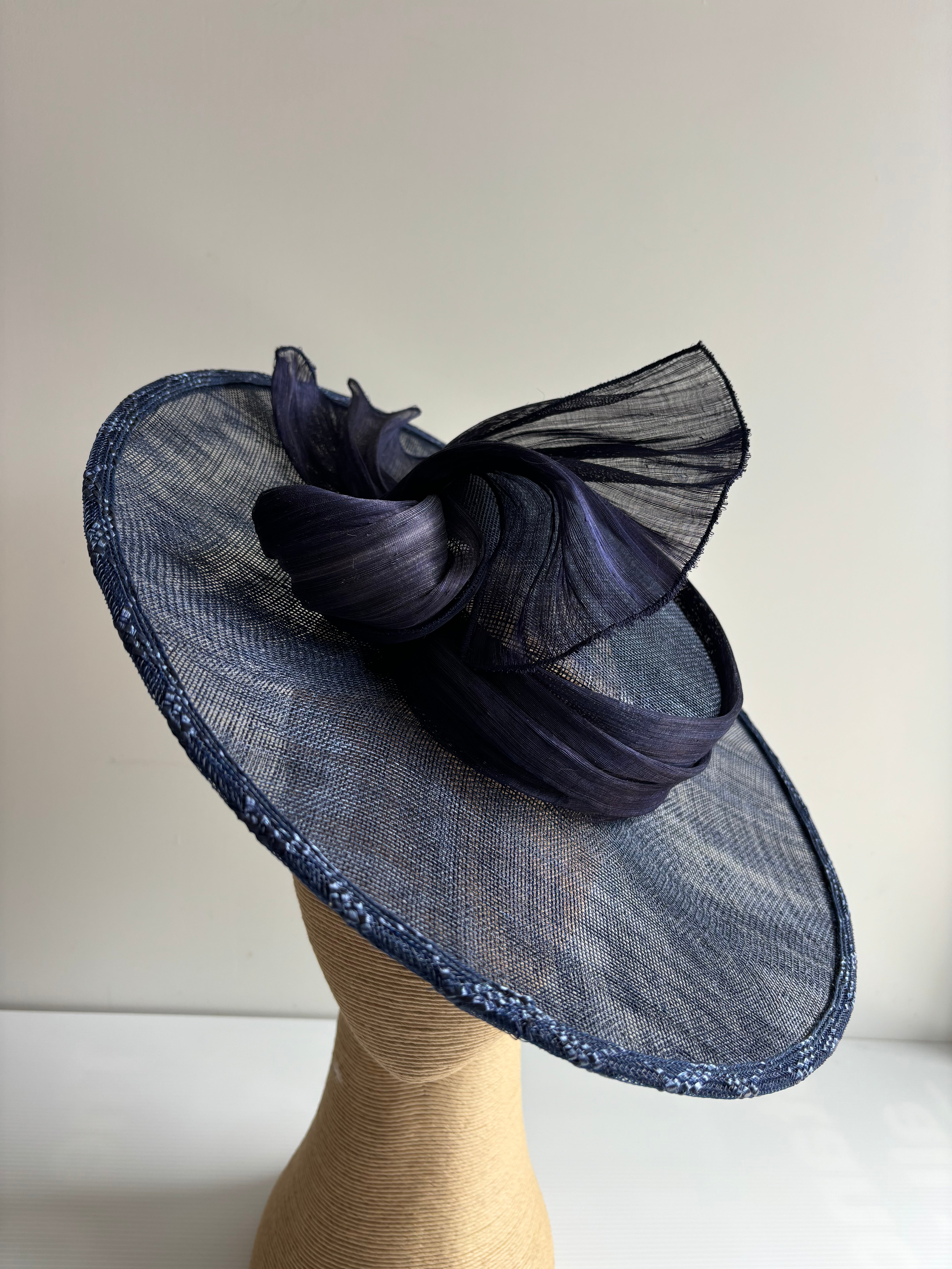 Navy Sinamay Boater Hat with Silk Abaca Trim – Race Day Headpiece