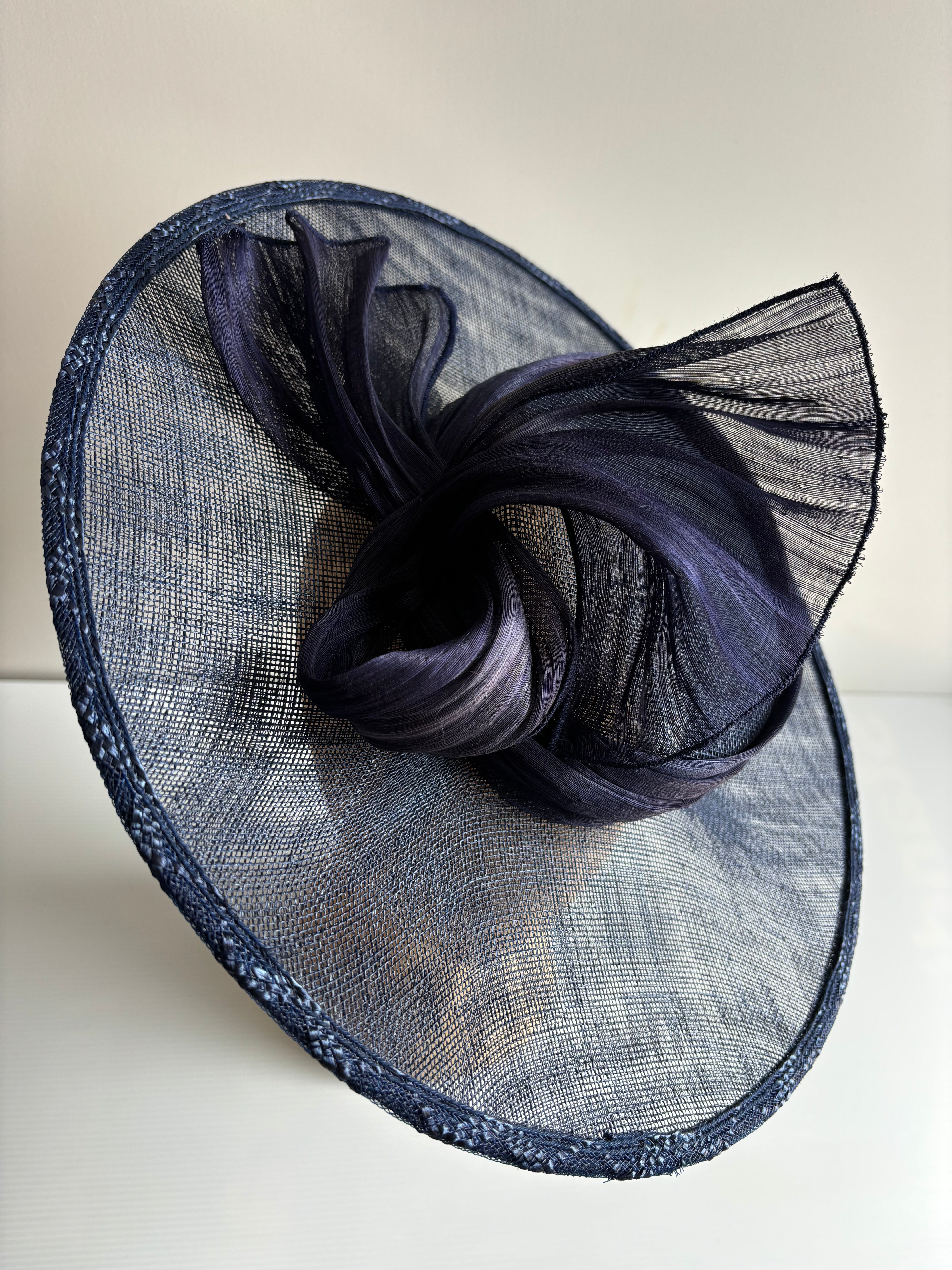 Navy Sinamay Boater Hat with Silk Abaca Trim – Race Day Headpiece